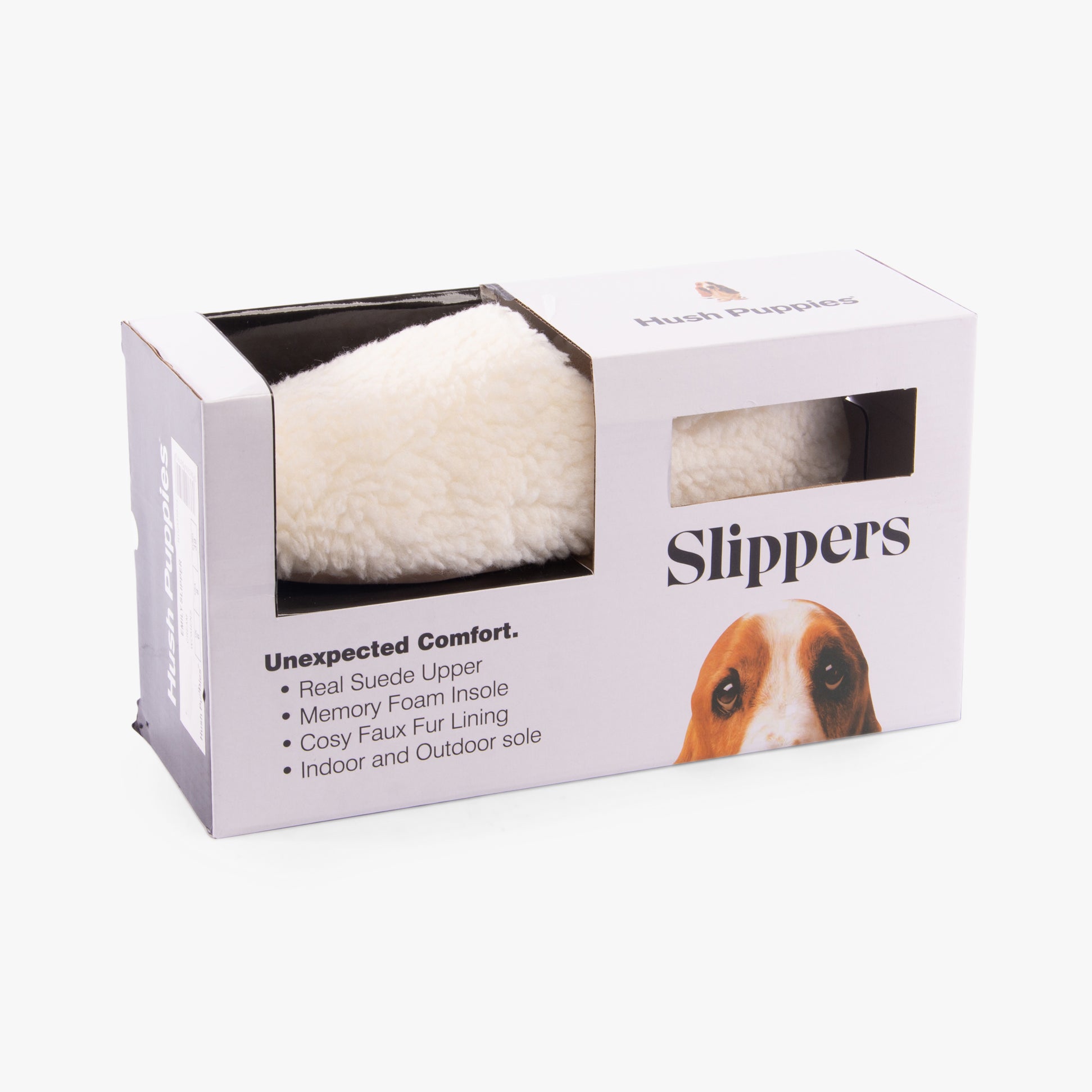 Hush Puppies EMILY Womens Slippers Cream, packaging view with description of features and materials.