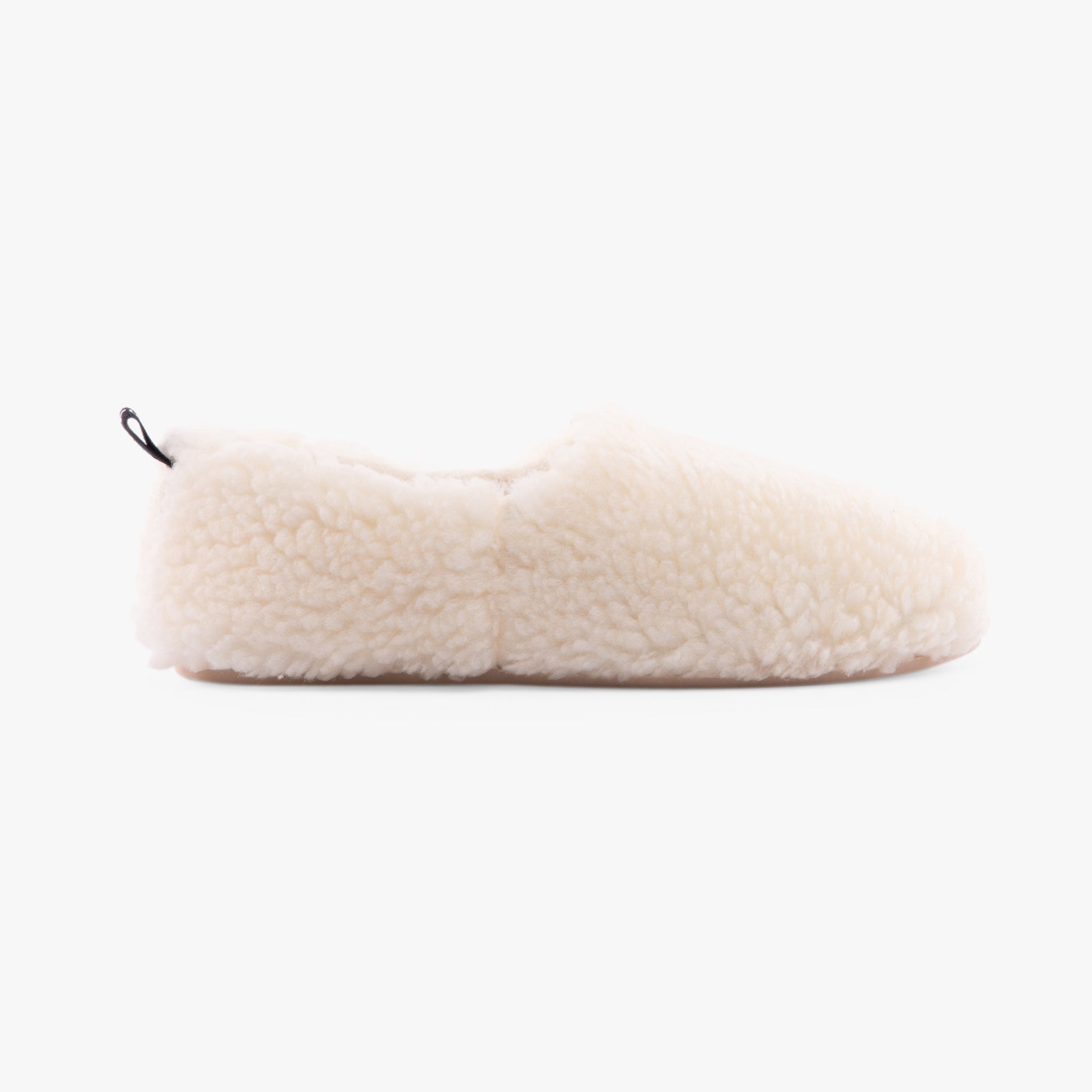 Hush Puppies EMILY Womens Slippers Cream side view showing faux fur upper and round toe design.
