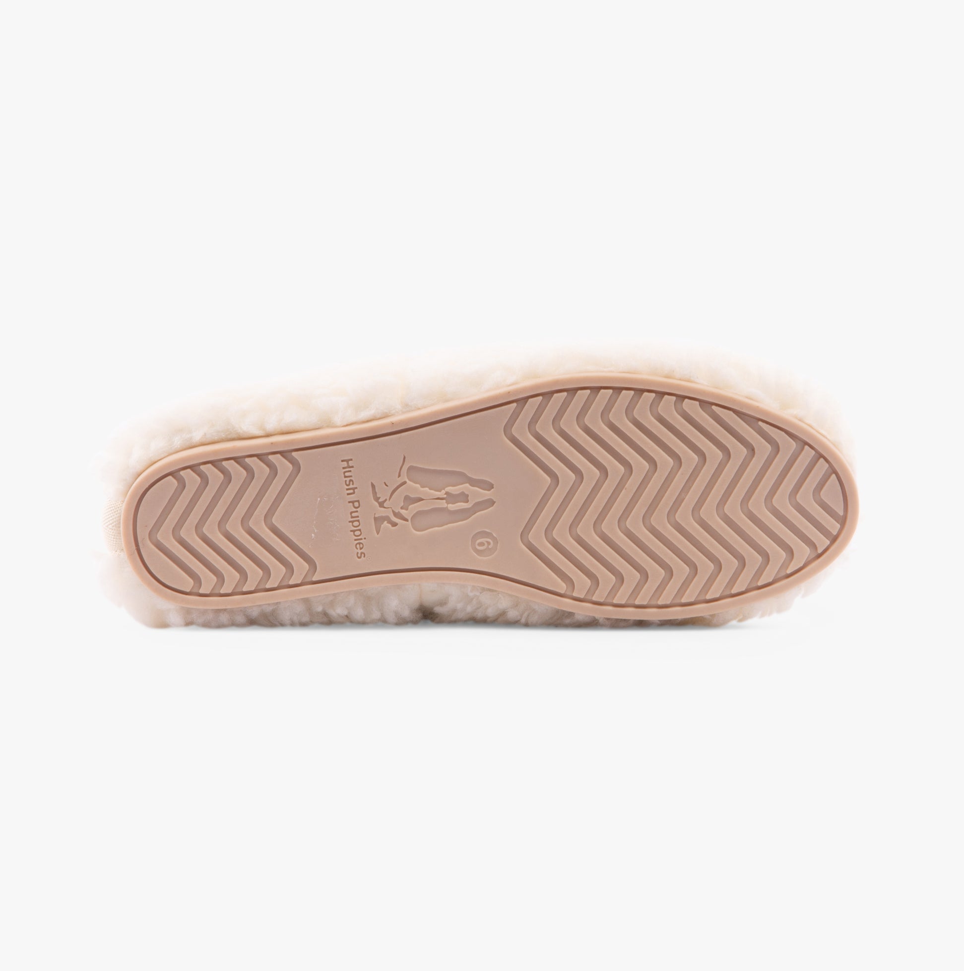 Hush Puppies EMILY Womens Slippers Cream bottom view with TPR sole detailing and faux fur upper.