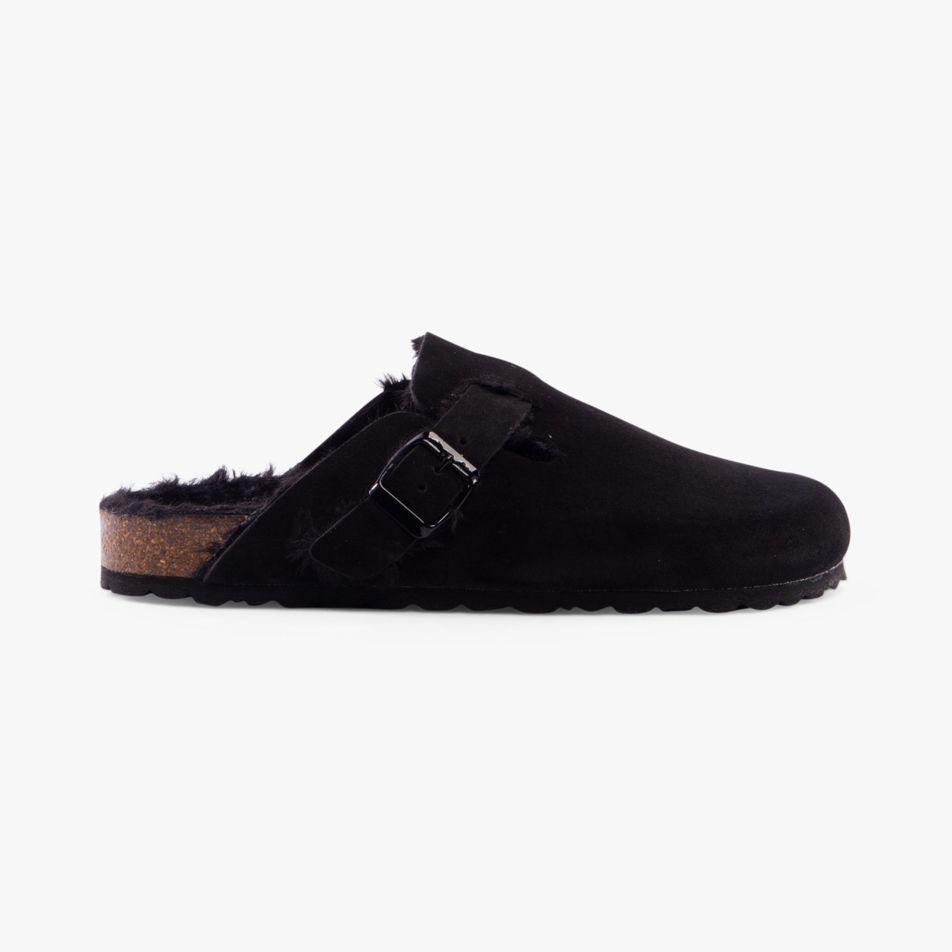 Hush Puppies JADE Womens Slippers Black side view showing suede upper and slip-on design with round toe.