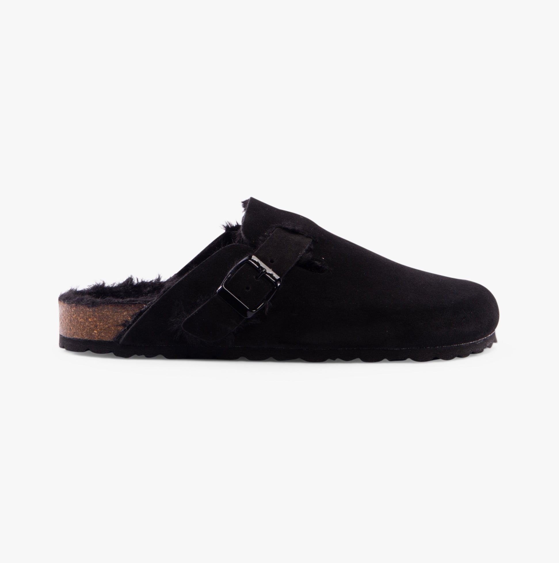 Hush Puppies JADE Womens Slippers Black side view showing suede upper and slip-on design with round toe.