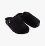 Hush Puppies JADE Womens Slippers Black side view of mules in suede with wool lining and slip-on design.