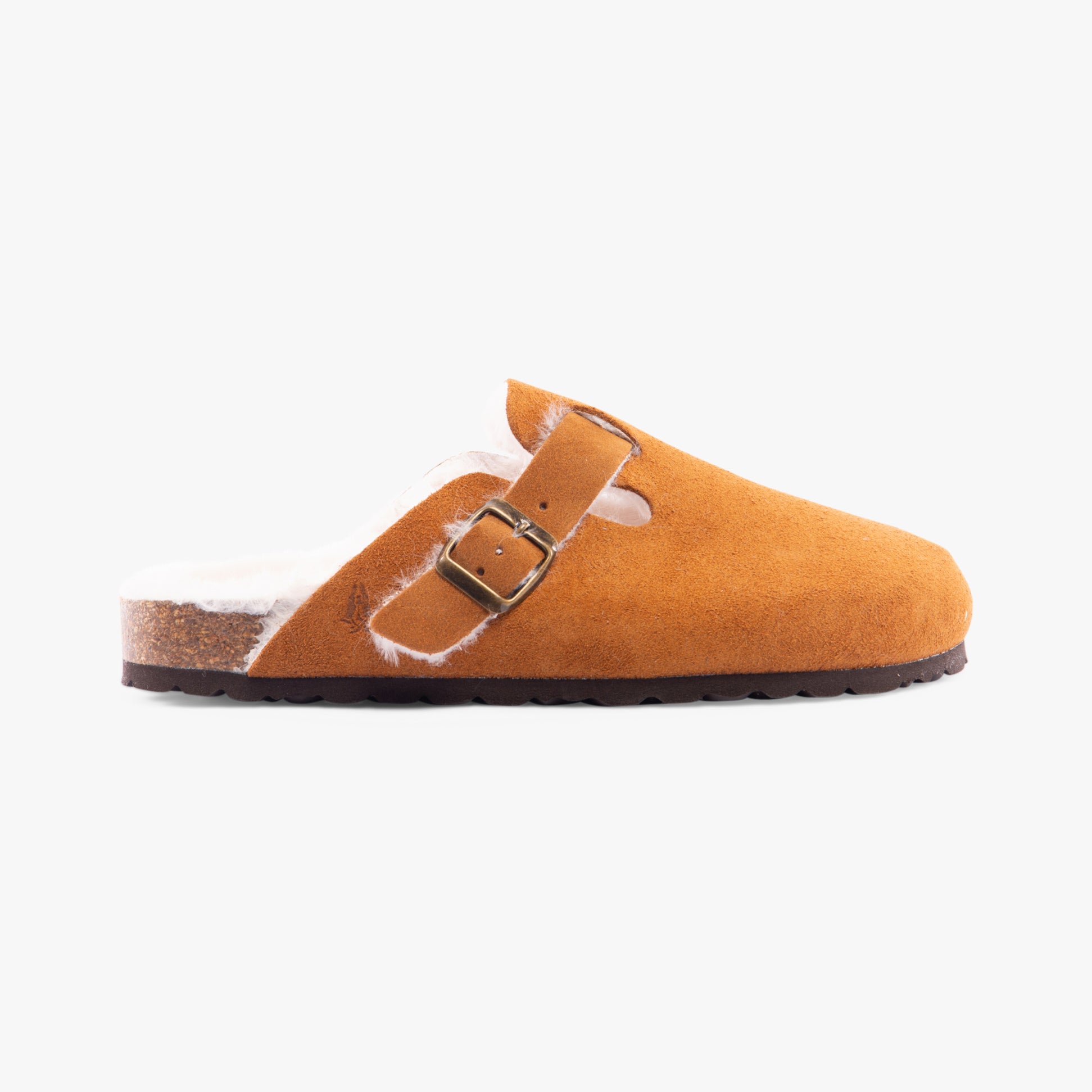 Hush Puppies JADE Womens Slippers Tan side view showing suede upper, wool lining, and slip-on design.