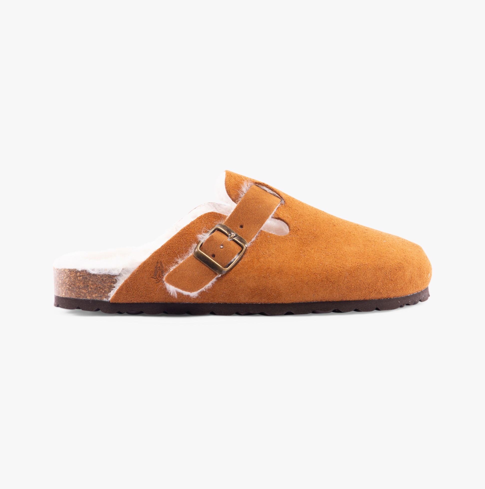 Hush Puppies JADE Womens Slippers Tan side view showing suede upper, wool lining, and slip-on design.
