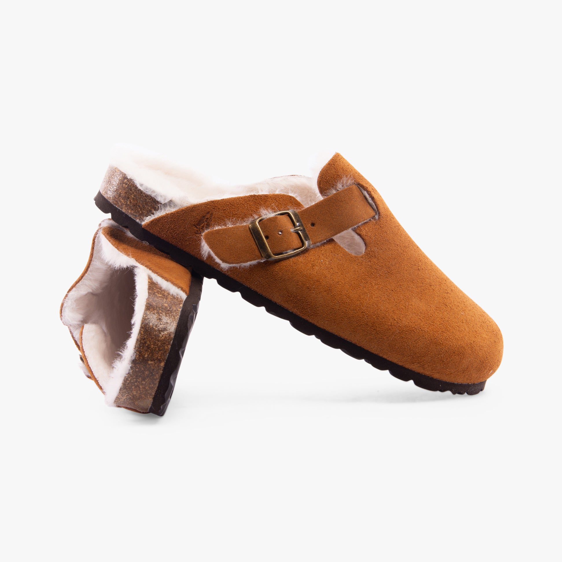 Hush Puppies JADE Womens Slippers Tan side view showing suede upper and wool lining.