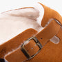 Hush Puppies JADE Womens Slippers Tan detail view showcasing suede upper and wool lining with buckle.