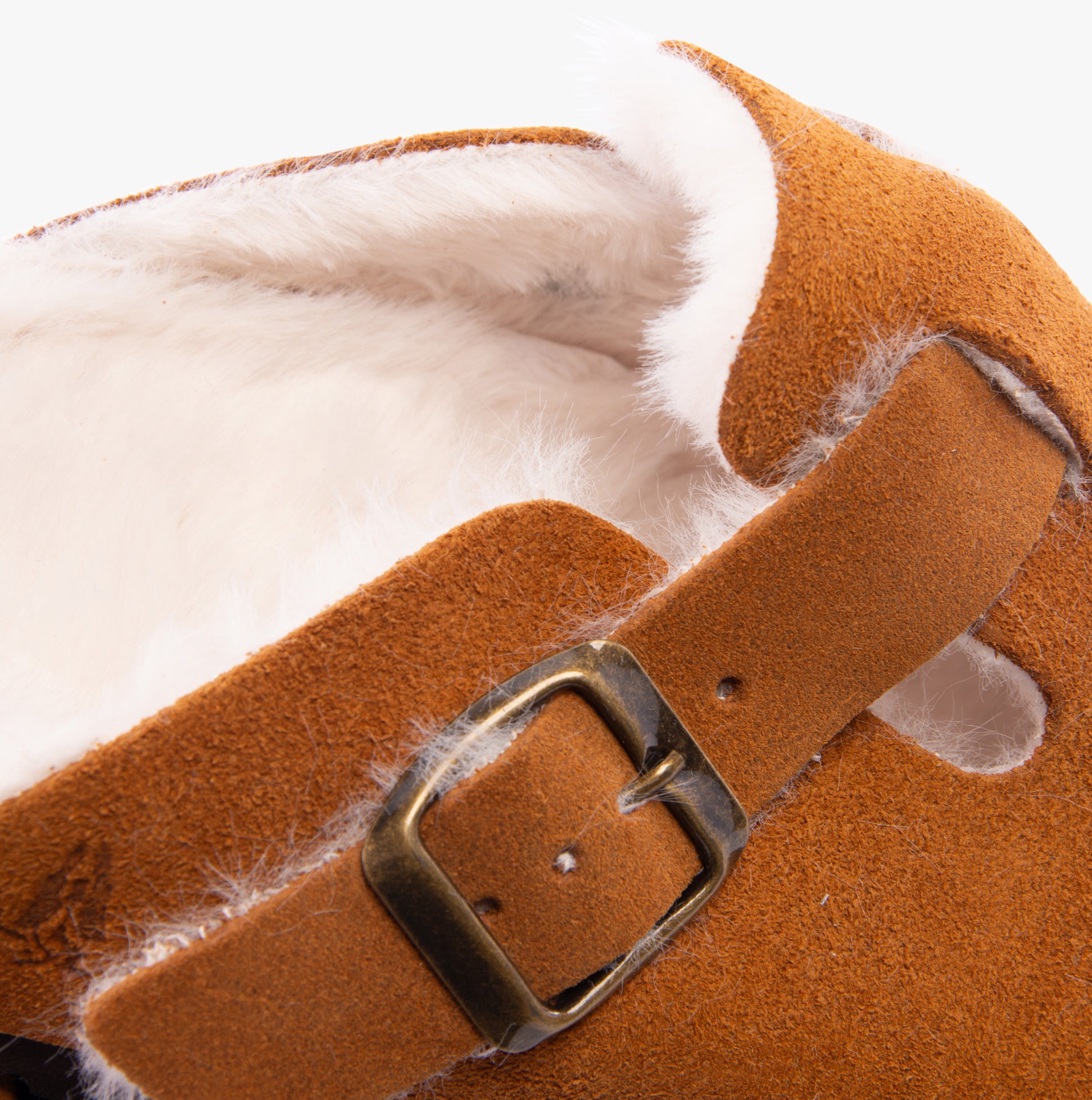 Hush Puppies JADE Womens Slippers Tan detail view showcasing suede upper and wool lining with buckle.