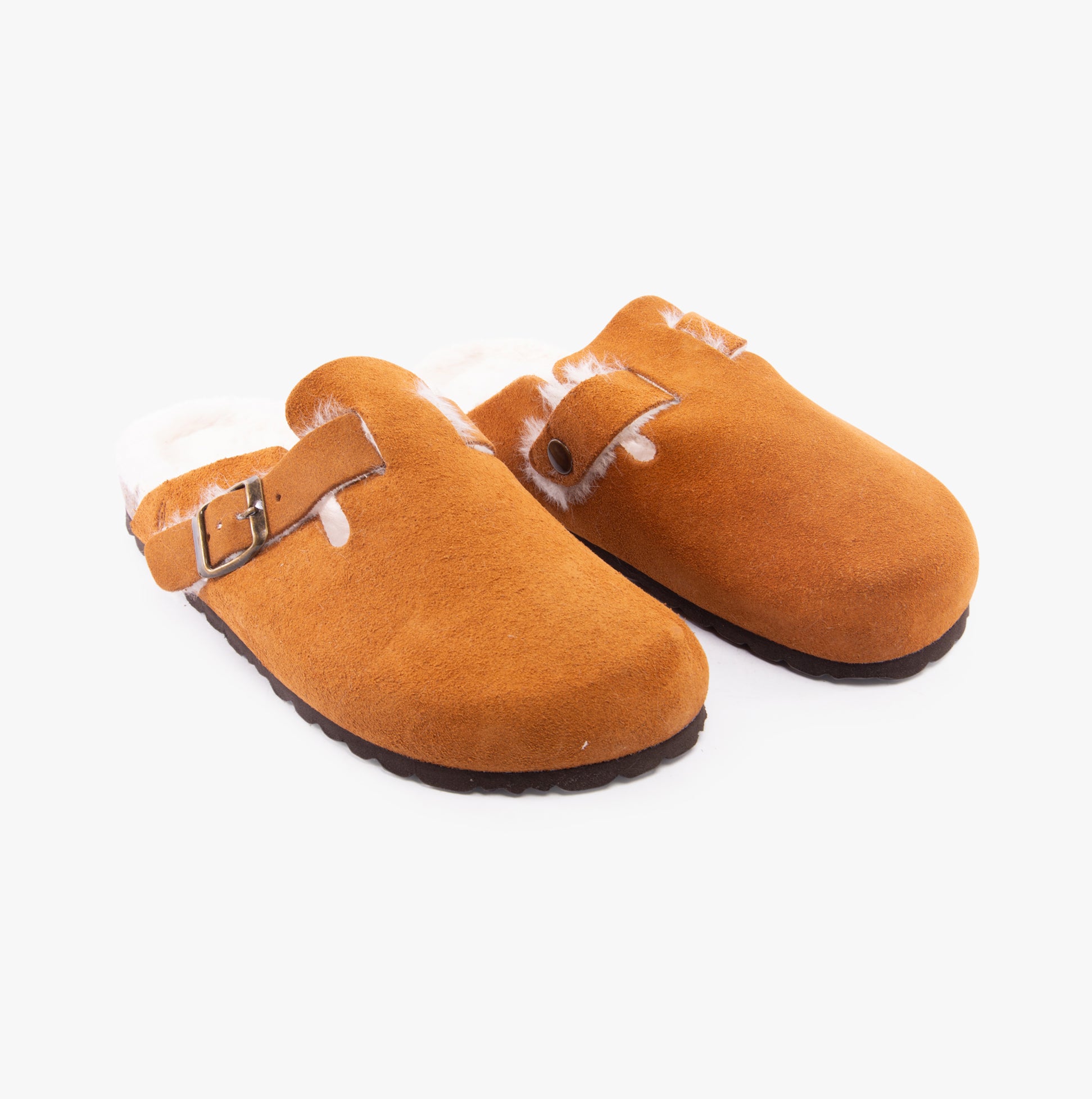 Hush Puppies JADE Womens Slippers Tan, side view showing suede upper and wool lining, slip-on mules with flat sole.