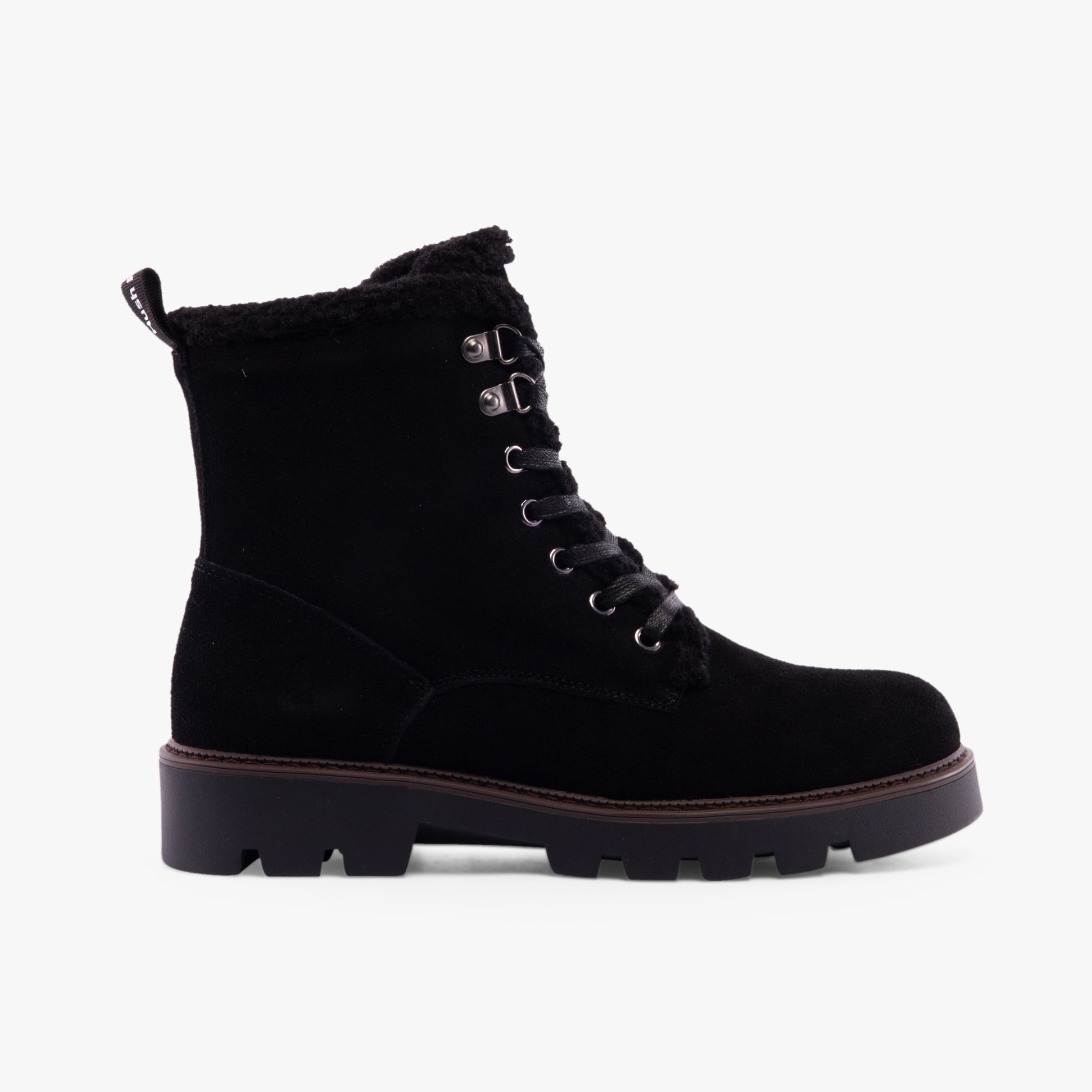 Hush Puppies AURELIA Womens Boots Black side view featuring lace-up closure, suede upper, and fleece lining.