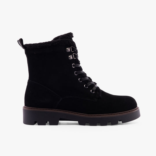 Hush Puppies AURELIA Womens Boots Black side view featuring lace-up closure, suede upper, and fleece lining.