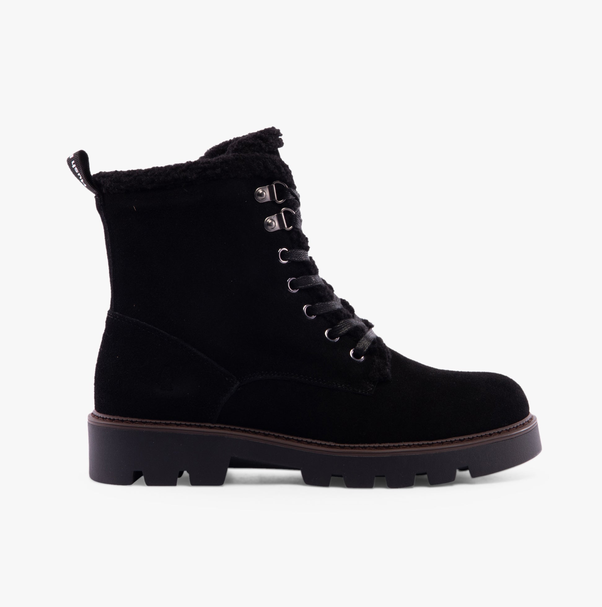 Hush Puppies AURELIA Womens Boots Black side view featuring lace-up closure, suede upper, and fleece lining.