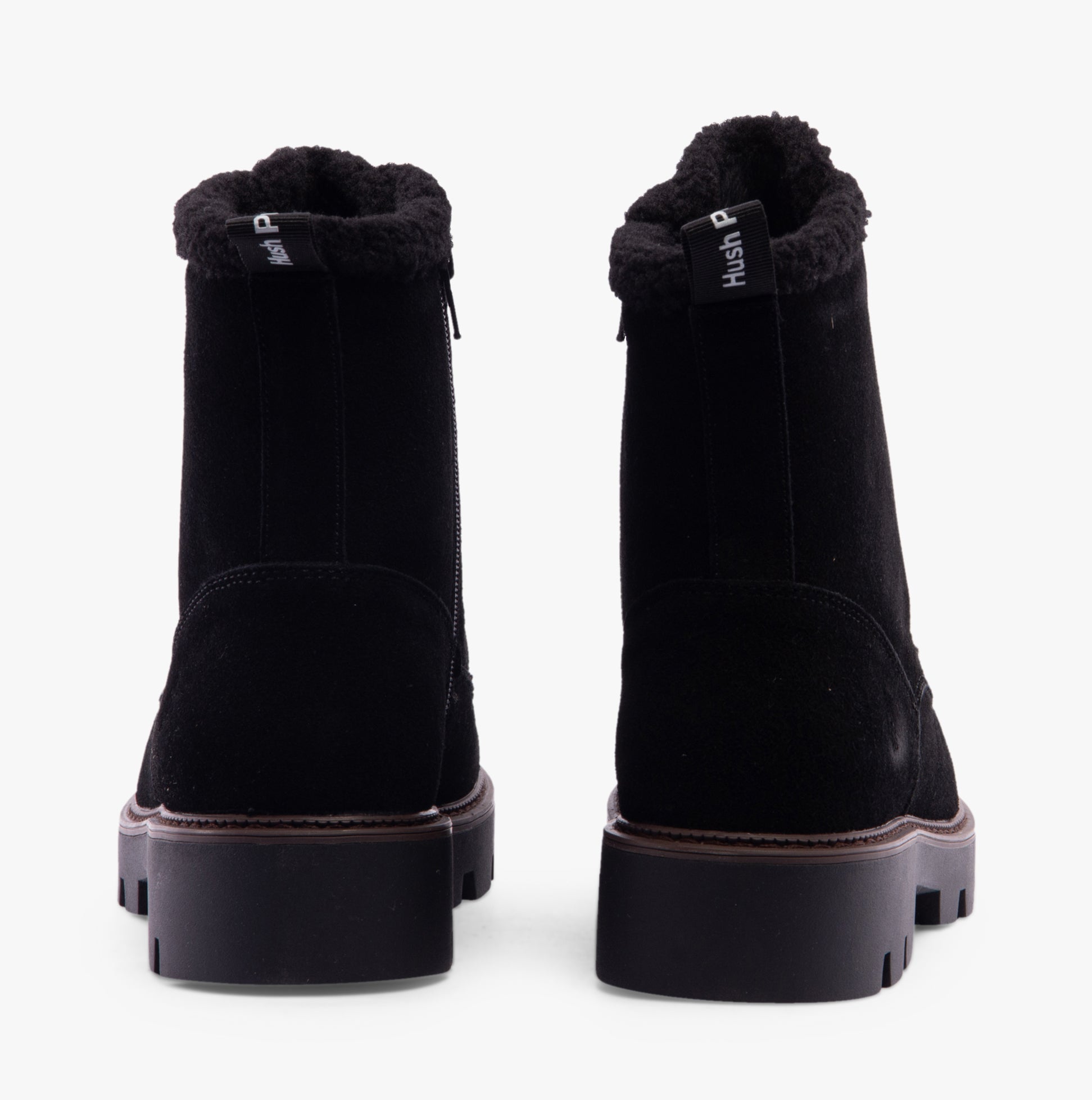 Hush Puppies AURELIA Womens Boots Black rear view showing suede upper and warm lining.