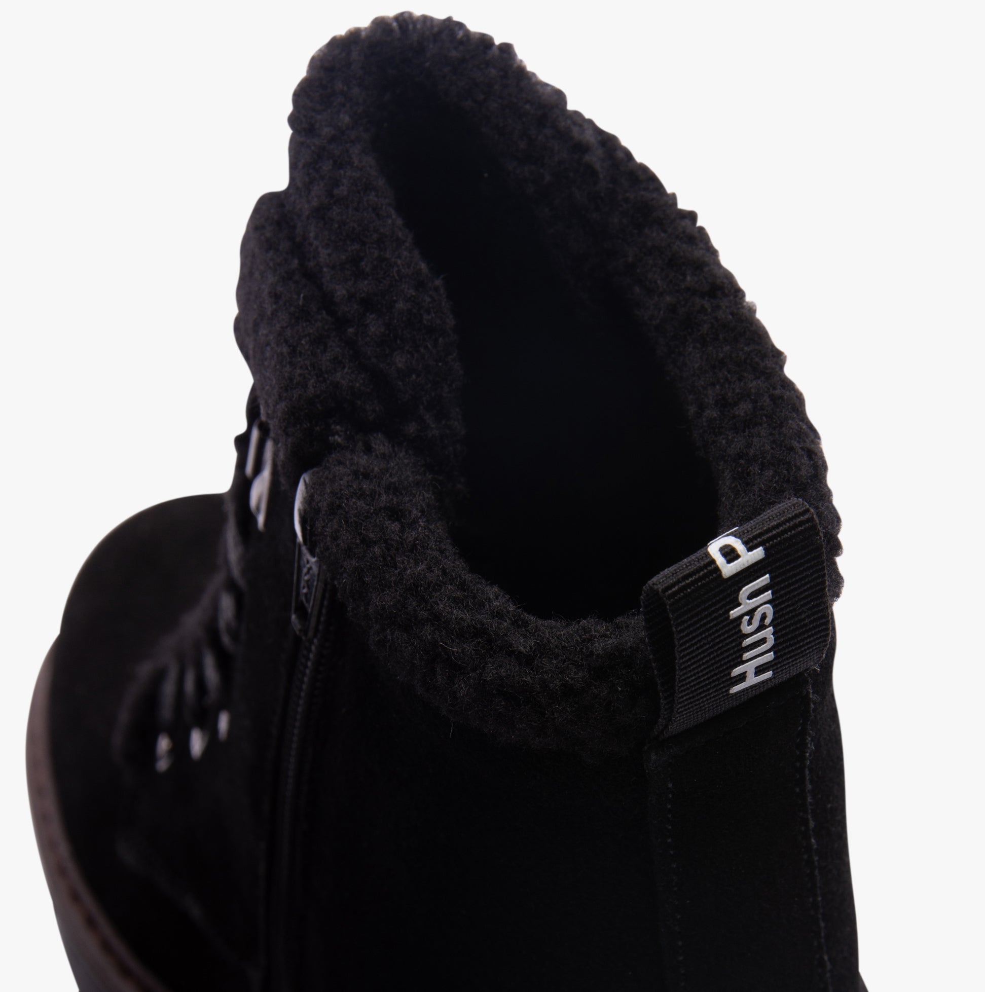 Hush Puppies AURELIA Womens Boots Black detail view showing fleece lining and lace-up closure.