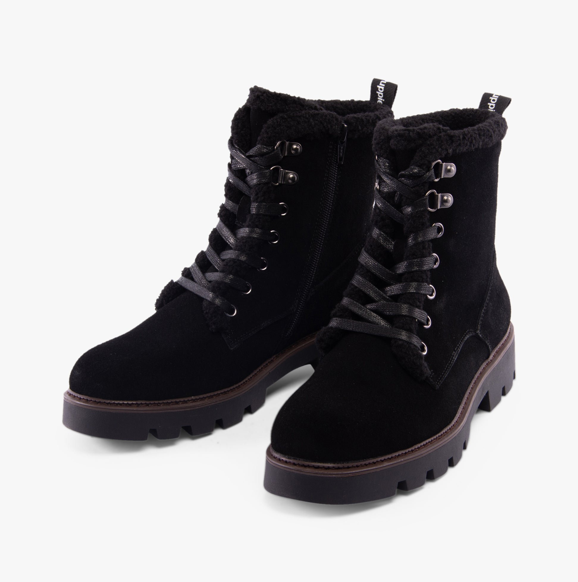 Hush Puppies AURELIA Womens Boots Black side view showing lace-up design and warm fleece lining.