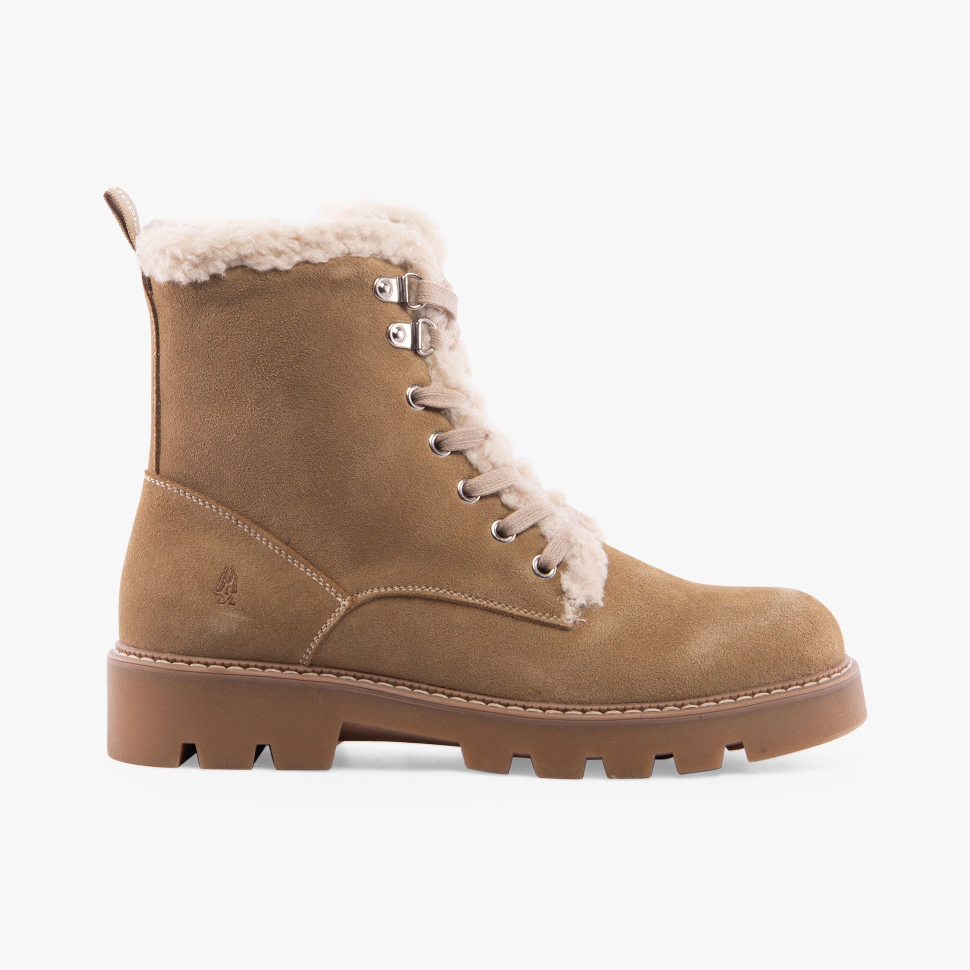 Hush Puppies AURELIA Womens Boots Sand side view featuring suede, fleece lining, and lace-up closure.