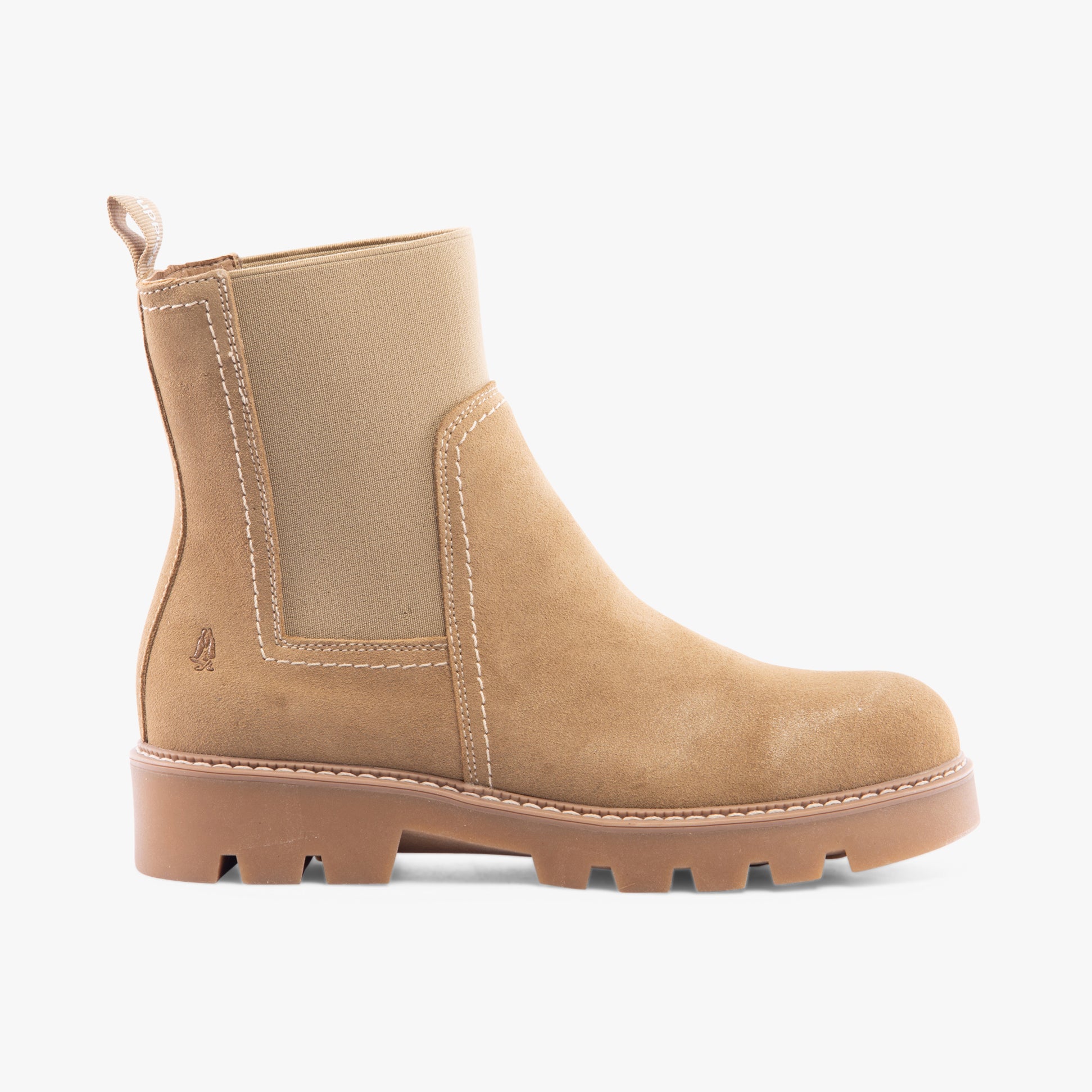 Hush Puppies ADELINE Womens Boots Sand side view showing the suede upper and block heel design.