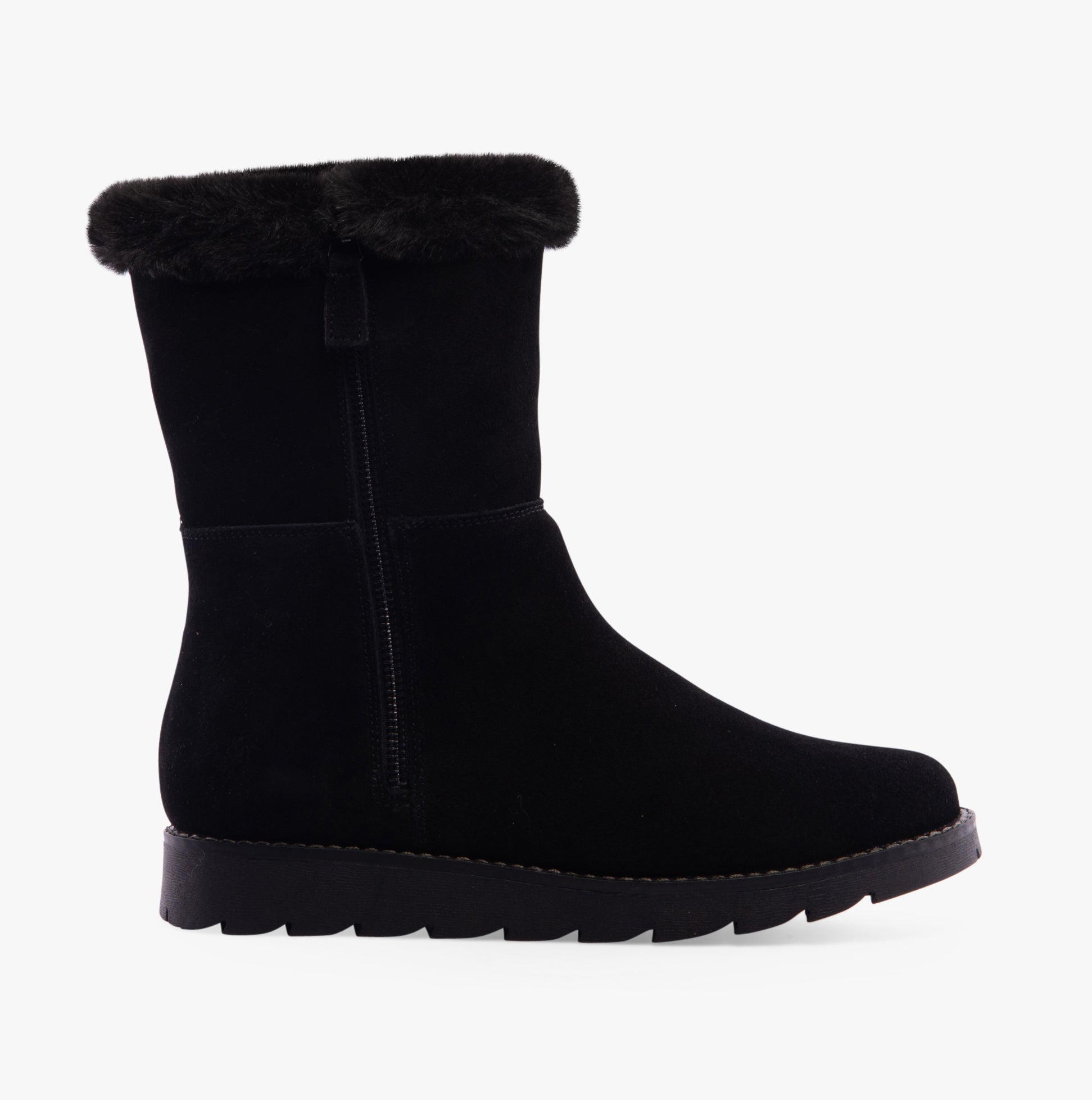 Hush Puppies MARY Womens Boots Black side view showcasing suede upper, zip closure, and flat sole.