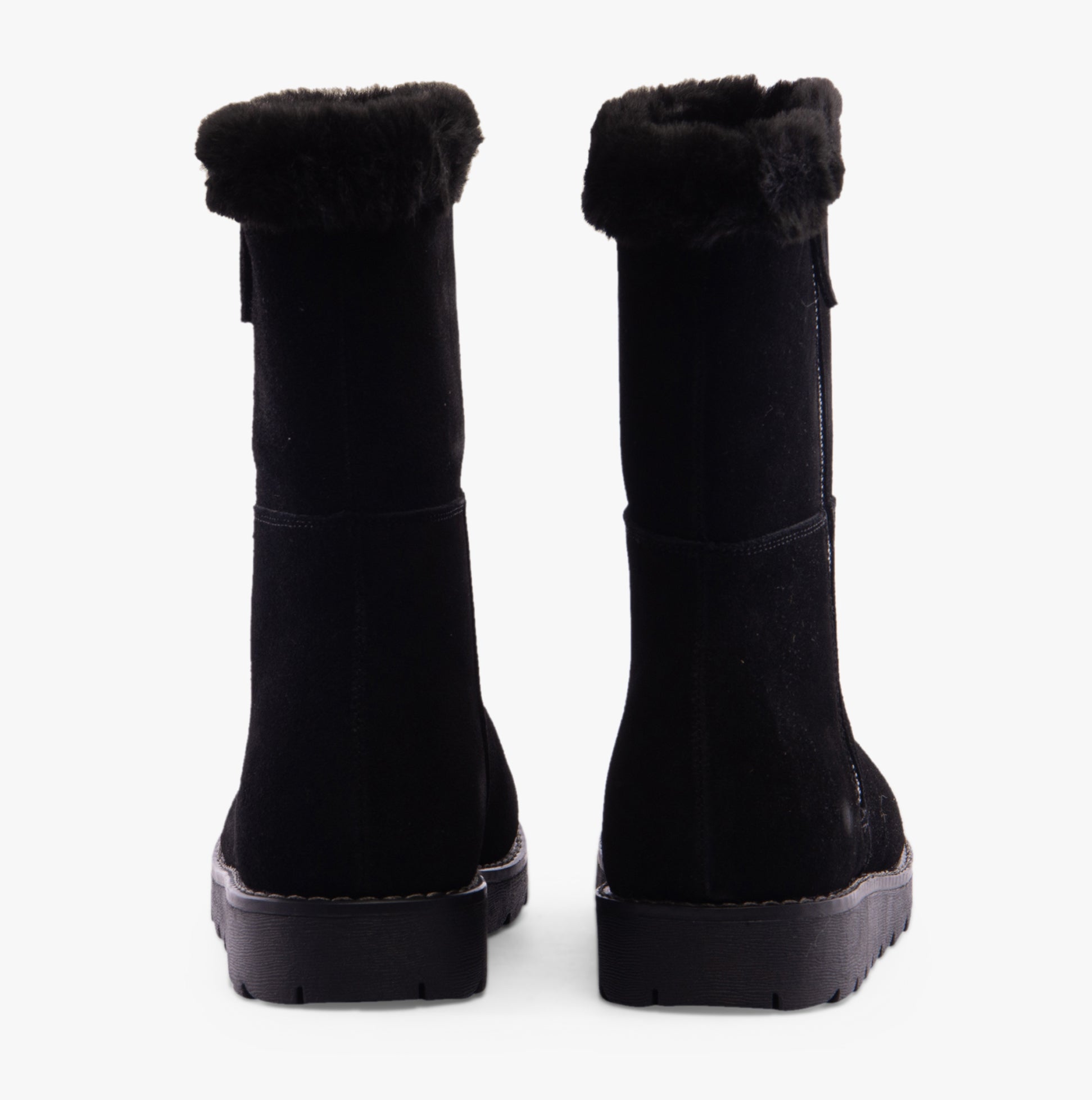 Hush Puppies MARY Womens Boots Black back view showcasing suede upper and fur lining.