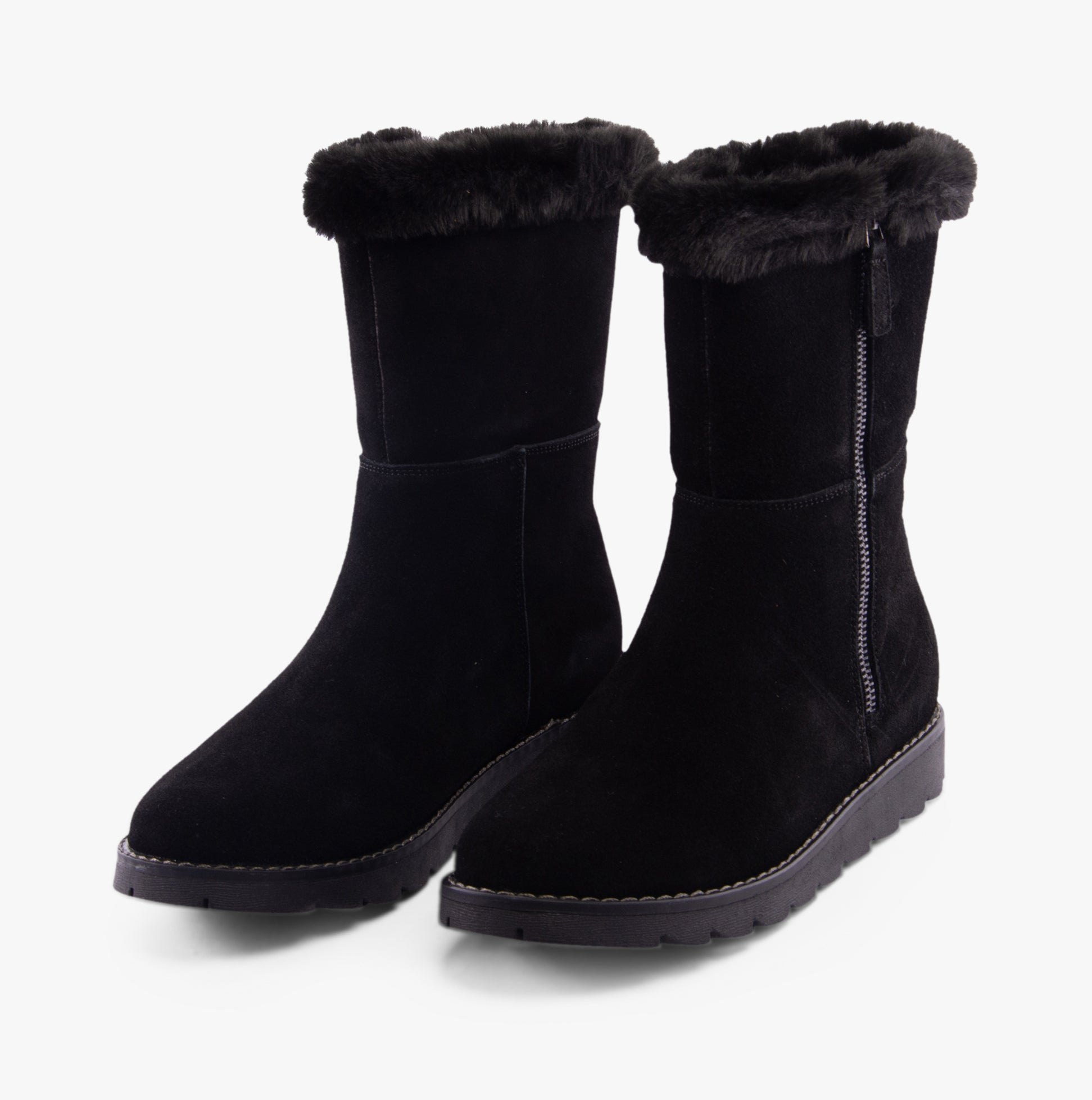 Hush Puppies MARY Womens Boots Black side view with faux fur trim and zipper detail on ankle boot.