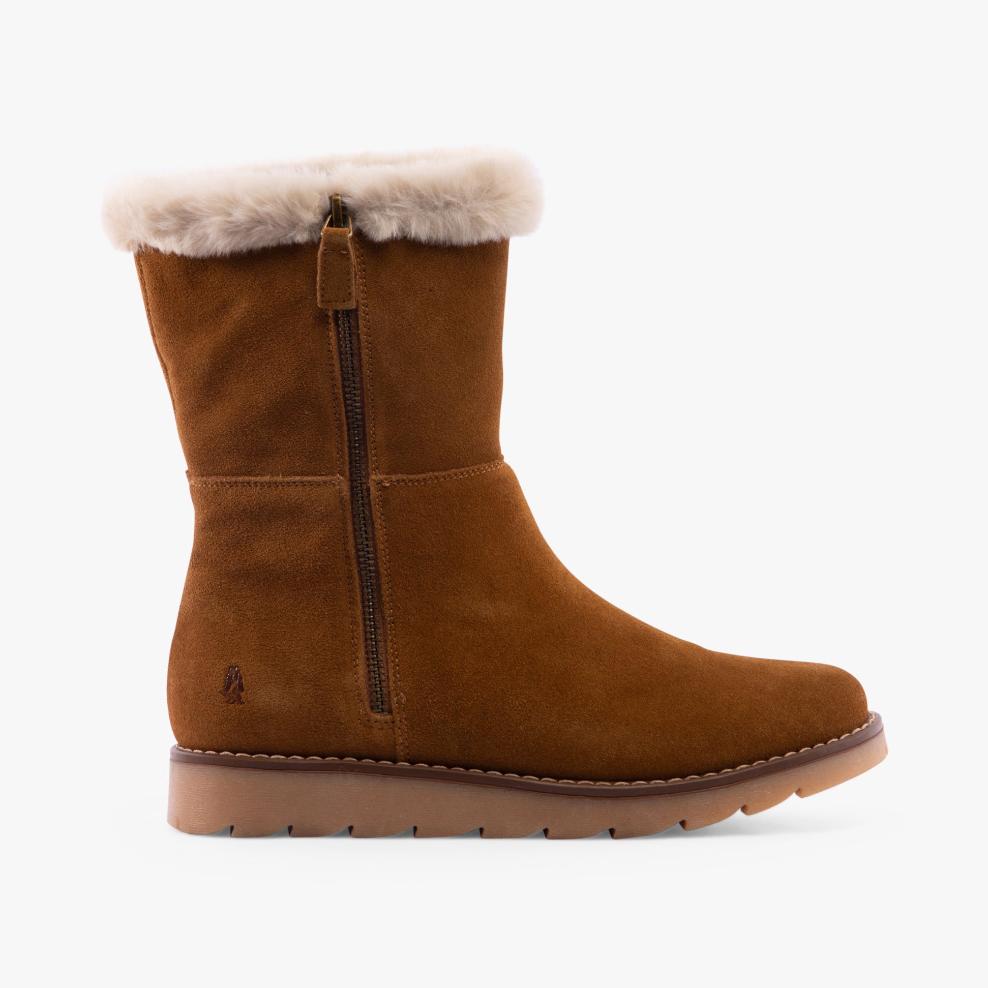 Hush Puppies MARY Womens Boots Tan side view showcasing suede upper and faux fur collar, ideal for comfort and warmth.