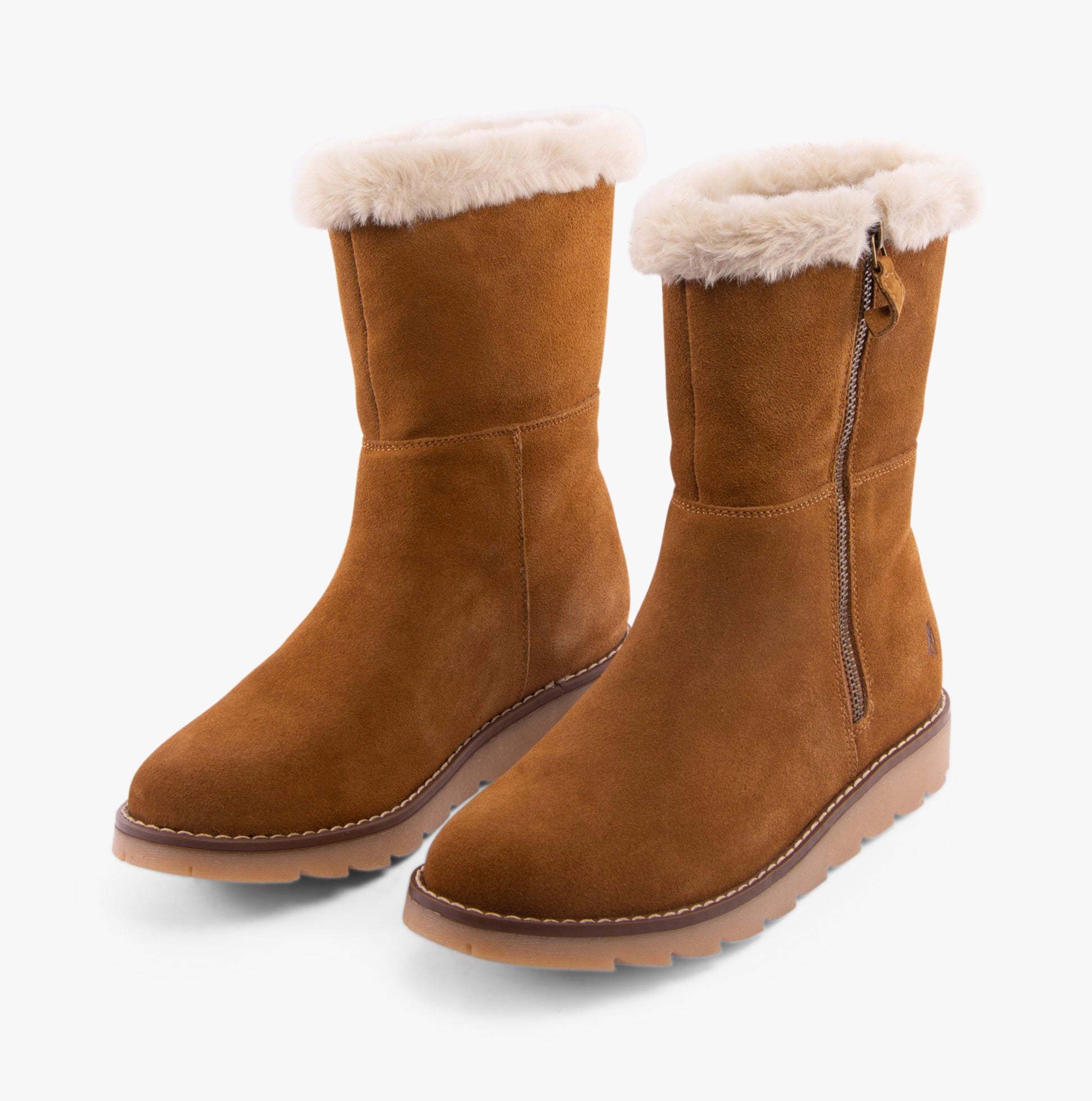 Hush Puppies MARY Womens Boots Tan side view showcasing suede material and fluffy lining.