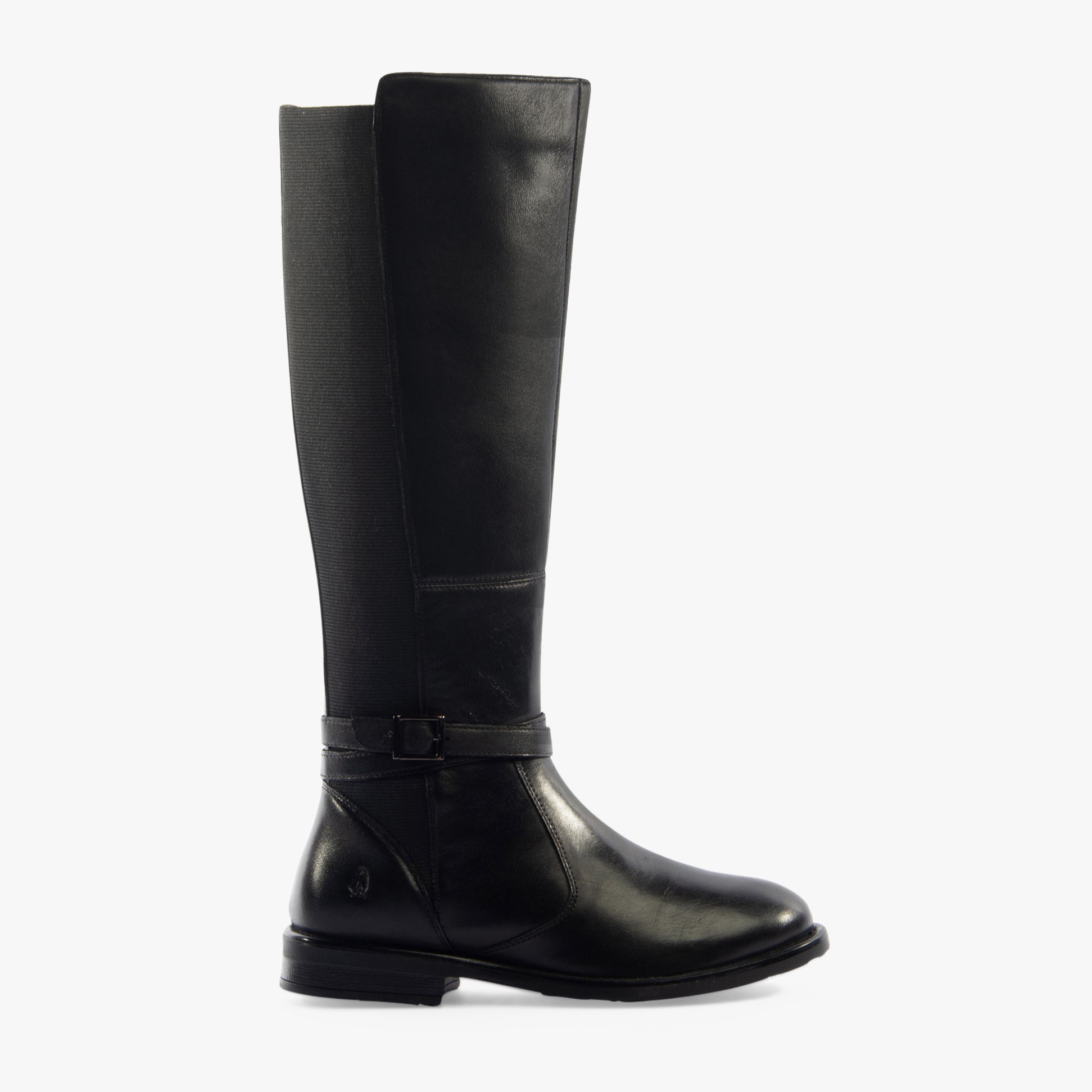 Hush Puppies VICTORIA Womens Boots Black side view showcasing tall leather upper and block heel design.