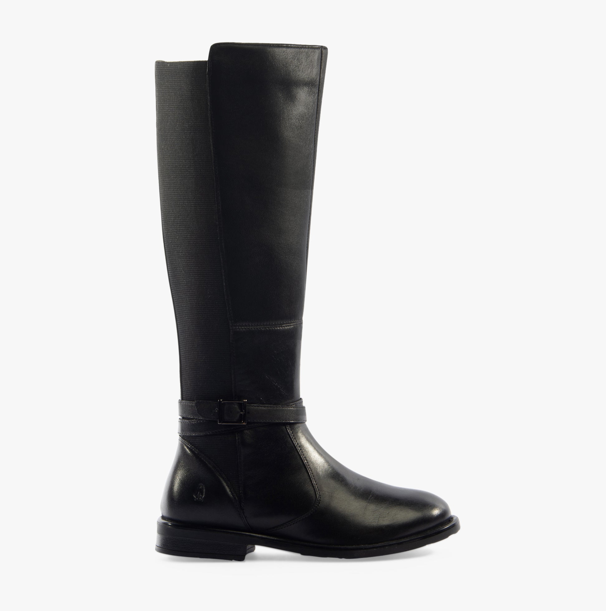 Hush Puppies VICTORIA Womens Boots Black side view showcasing tall leather upper and block heel design.