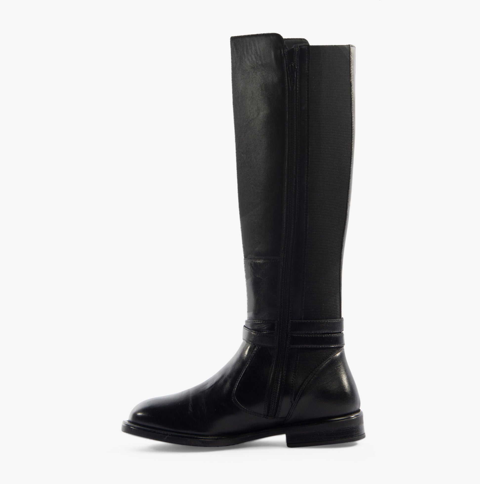 Hush Puppies VICTORIA Womens Boots Black side view showing tall leather upper and block heel design.