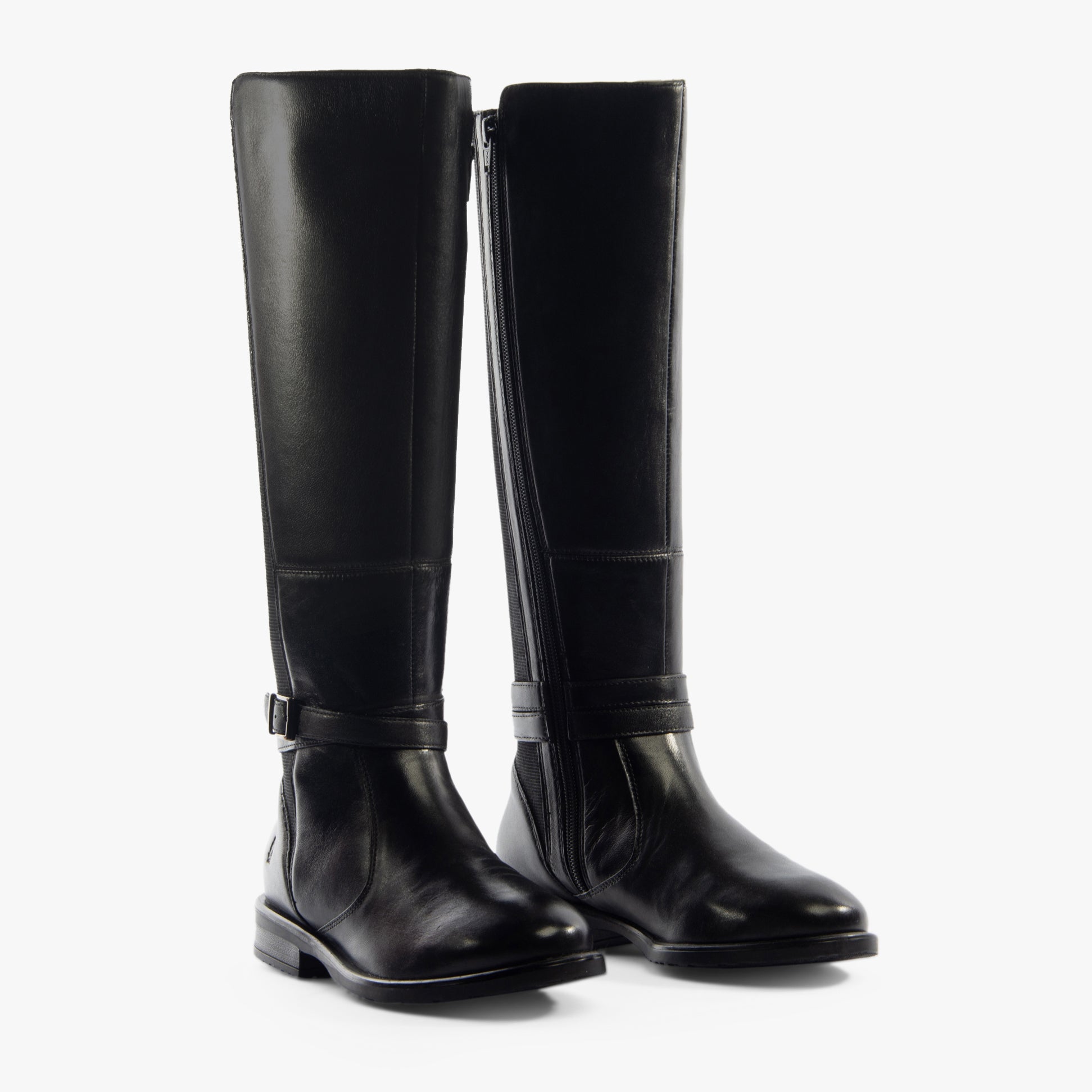 Hush Puppies VICTORIA Womens Boots Black side view showcasing tall leather design and zip closure.