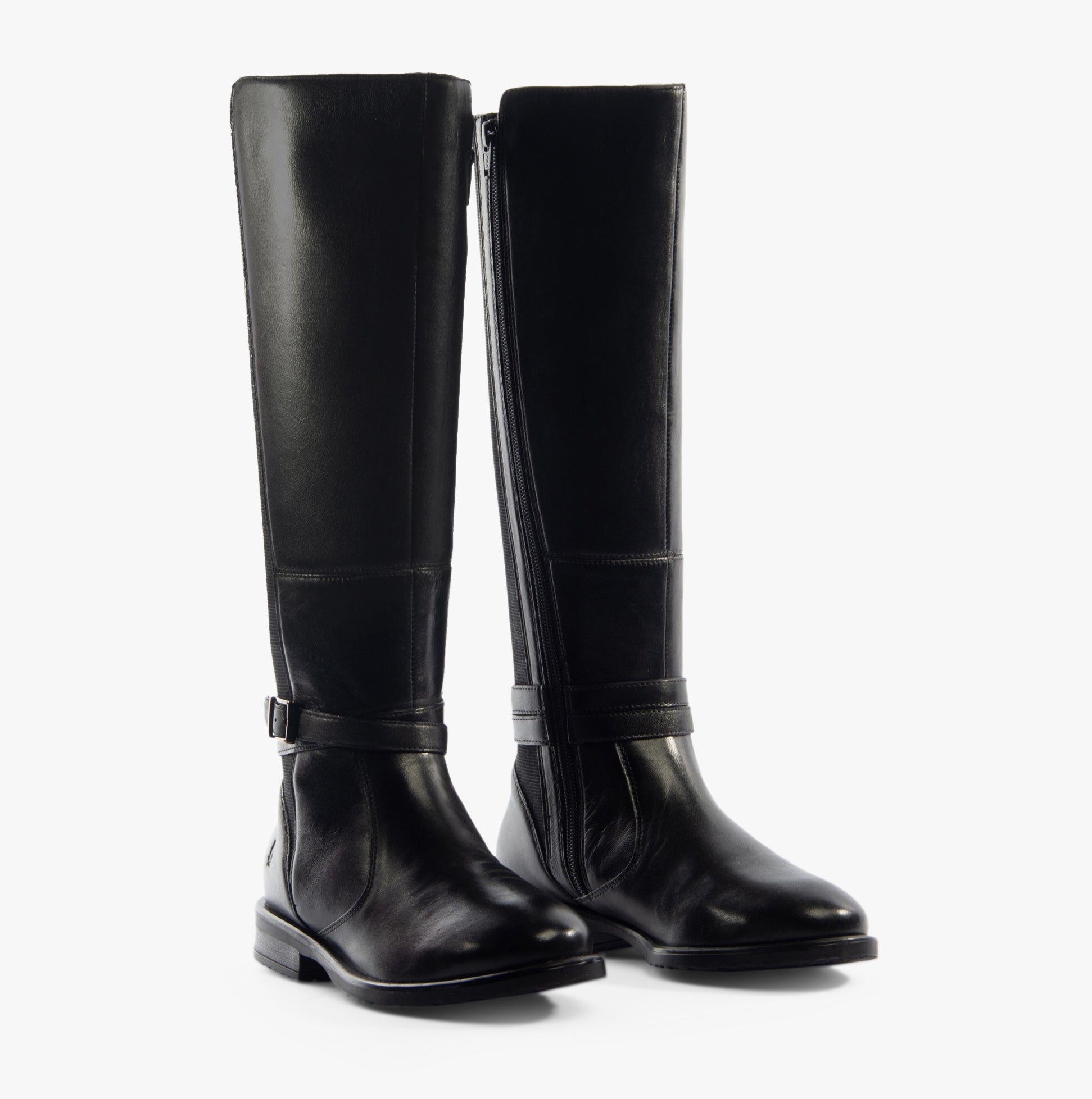 Hush Puppies VICTORIA Womens Boots Black side view showcasing tall leather design and zip closure.