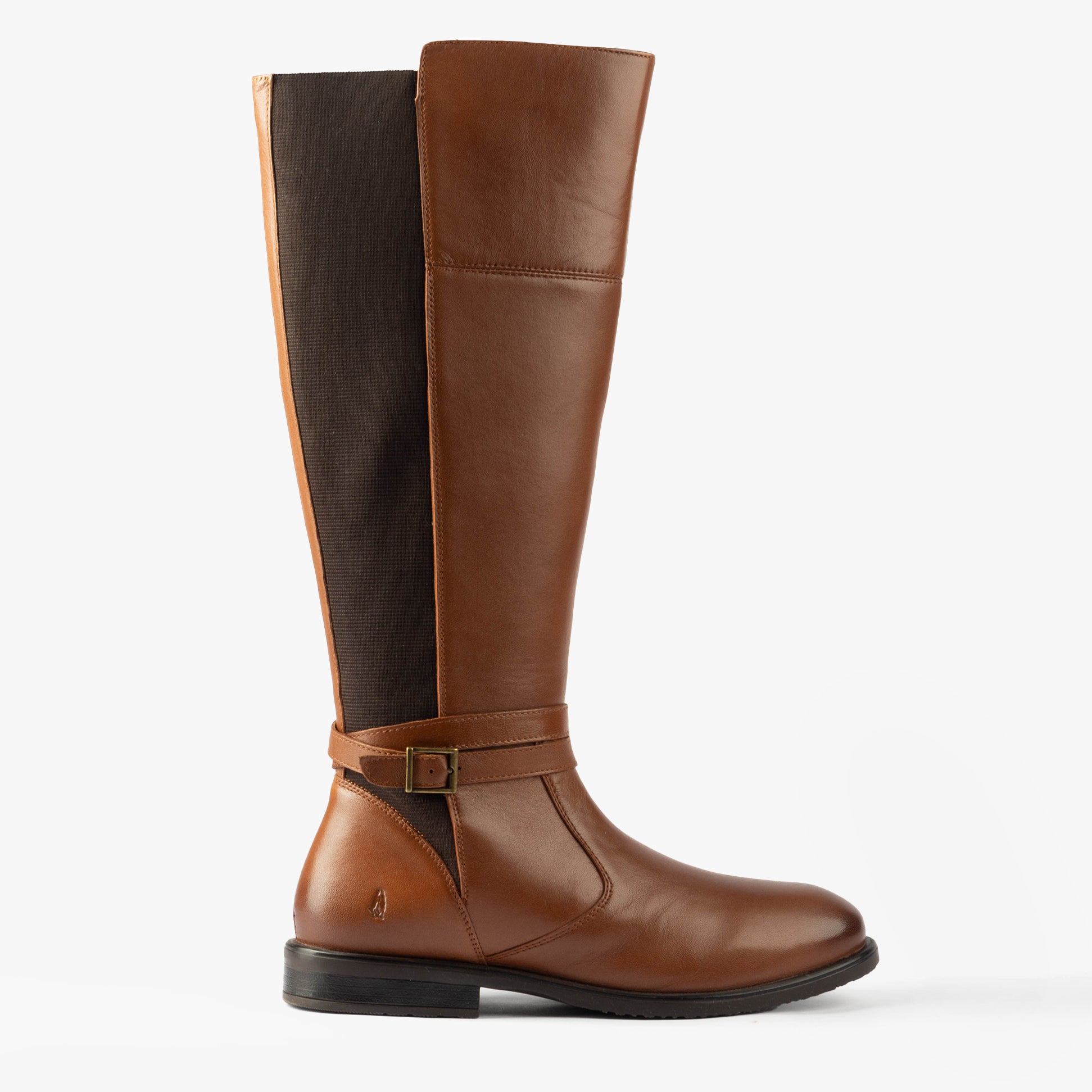 Hush Puppies VICTORIA Womens Boots Tan side view showcasing tall leather design with black panel and buckle detail.