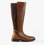 Hush Puppies VICTORIA Womens Boots Tan side view showcasing tall leather design with black panel and buckle detail.