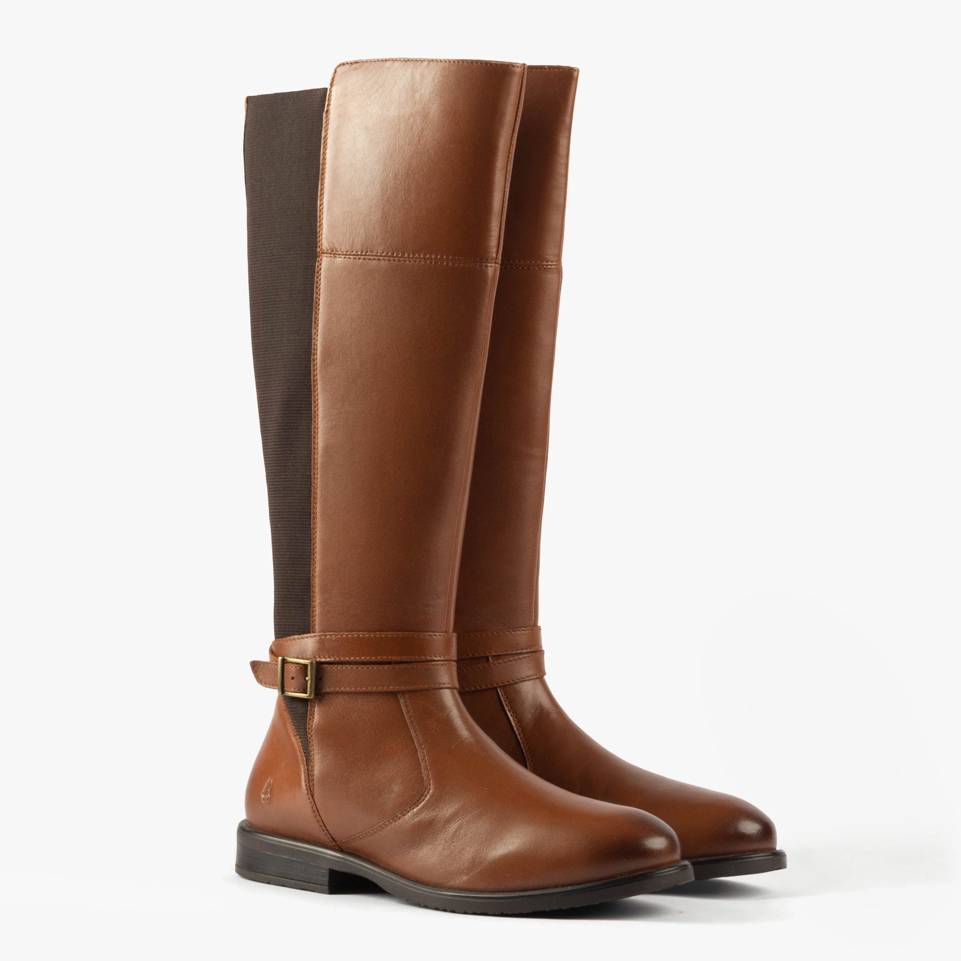 Hush Puppies VICTORIA Womens Boots Tan side view showcasing tall leather design and block heel.