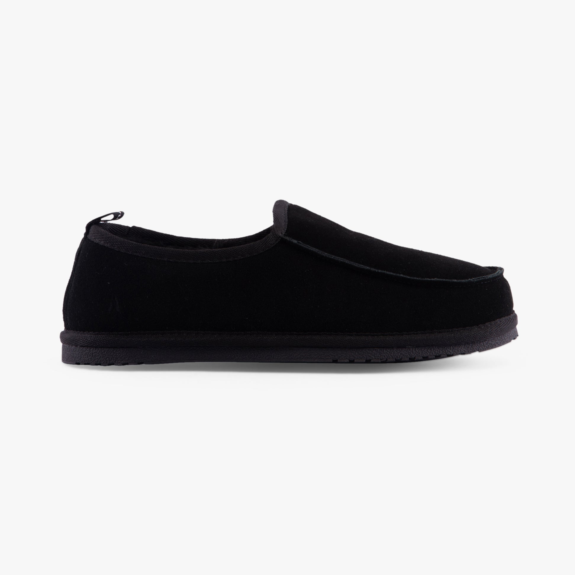 Hush Puppies CHARLES Mens Slippers Black side view, featuring suede upper, faux fur lining, and slip-on moccasin style.