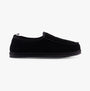 Hush Puppies CHARLES Mens Slippers Black side view, featuring suede upper, faux fur lining, and slip-on moccasin style.