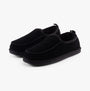 Hush Puppies CHARLES Mens Slippers Black side view, moccasin style, suede upper, faux fur lining, slip-on design.