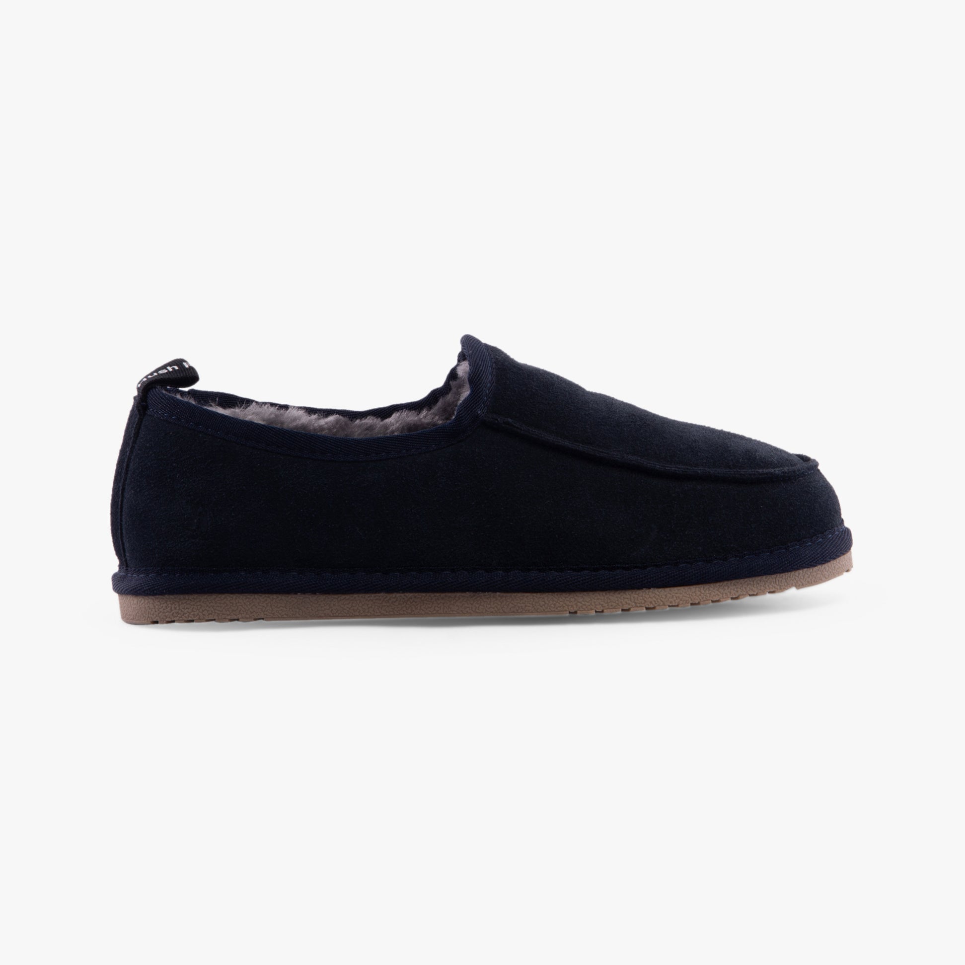 Hush Puppies CHARLES Mens Slippers Navy side view of suede moccasins with faux fur lining