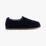 Hush Puppies CHARLES Mens Slippers Navy side view of suede moccasins with faux fur lining