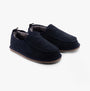 Hush Puppies CHARLES Mens Slippers Navy side view showing suede upper and faux fur lining.