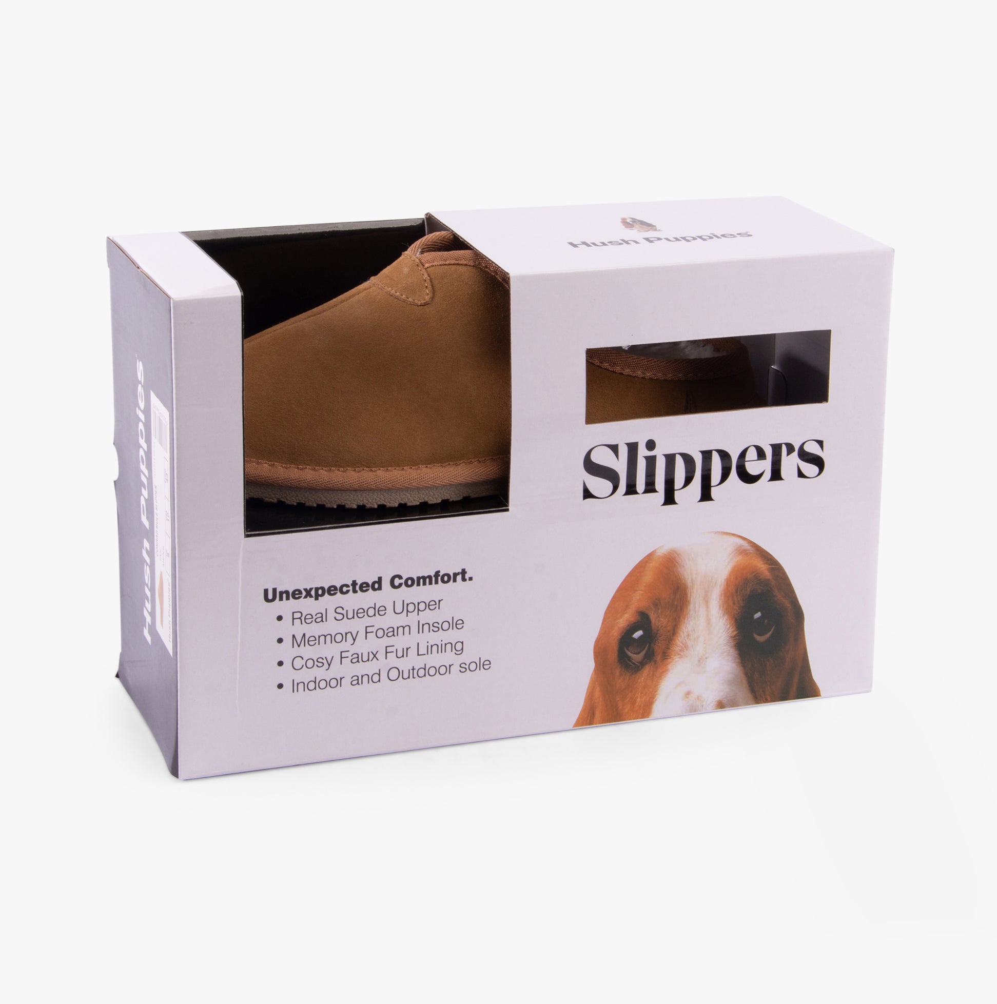 Hush Puppies CONRAD Mens Slippers Tan in gift box, showcasing suede upper and faux fur lining.