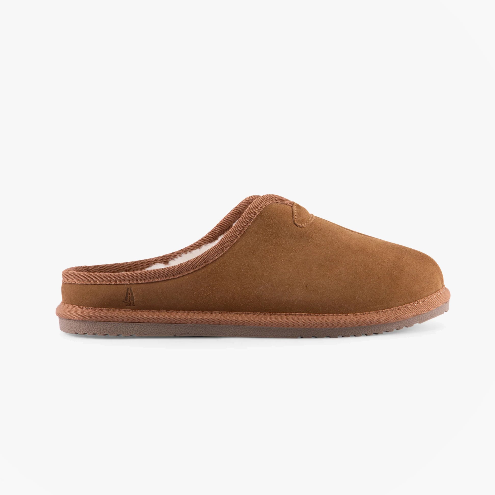 Hush Puppies CONRAD Mens Slippers Tan side view showcasing suede upper and faux fur lining.