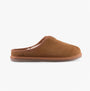 Hush Puppies CONRAD Mens Slippers Tan side view showcasing suede upper and faux fur lining.