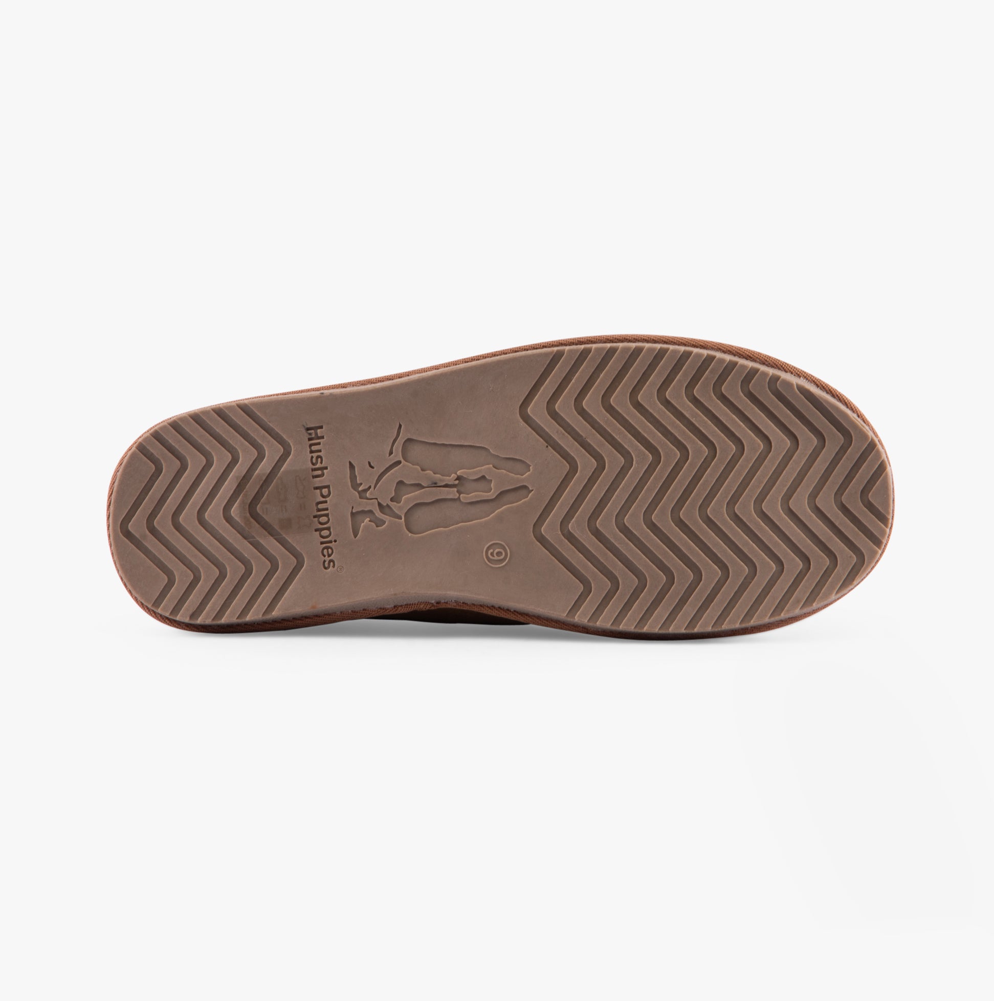 Hush Puppies CONRAD Mens Slippers Tan bottom view showing tread pattern and logo detail.