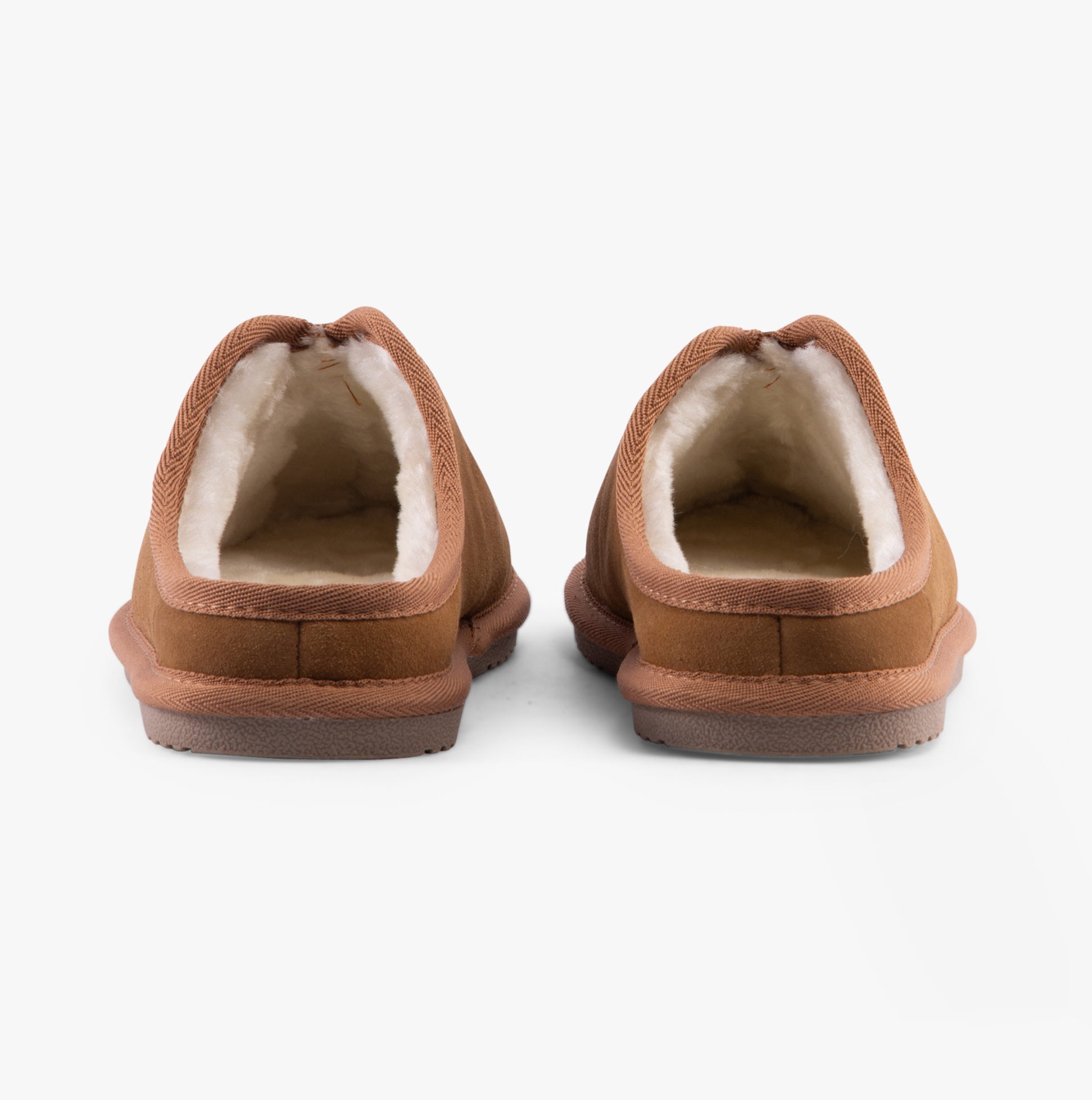 Hush Puppies CONRAD Mens Slippers Tan rear view showing soft faux fur lining and suede exterior.