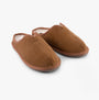 Hush Puppies CONRAD Mens Slippers Tan, side view showing suede upper and faux fur lining, slip-on mules for comfort.