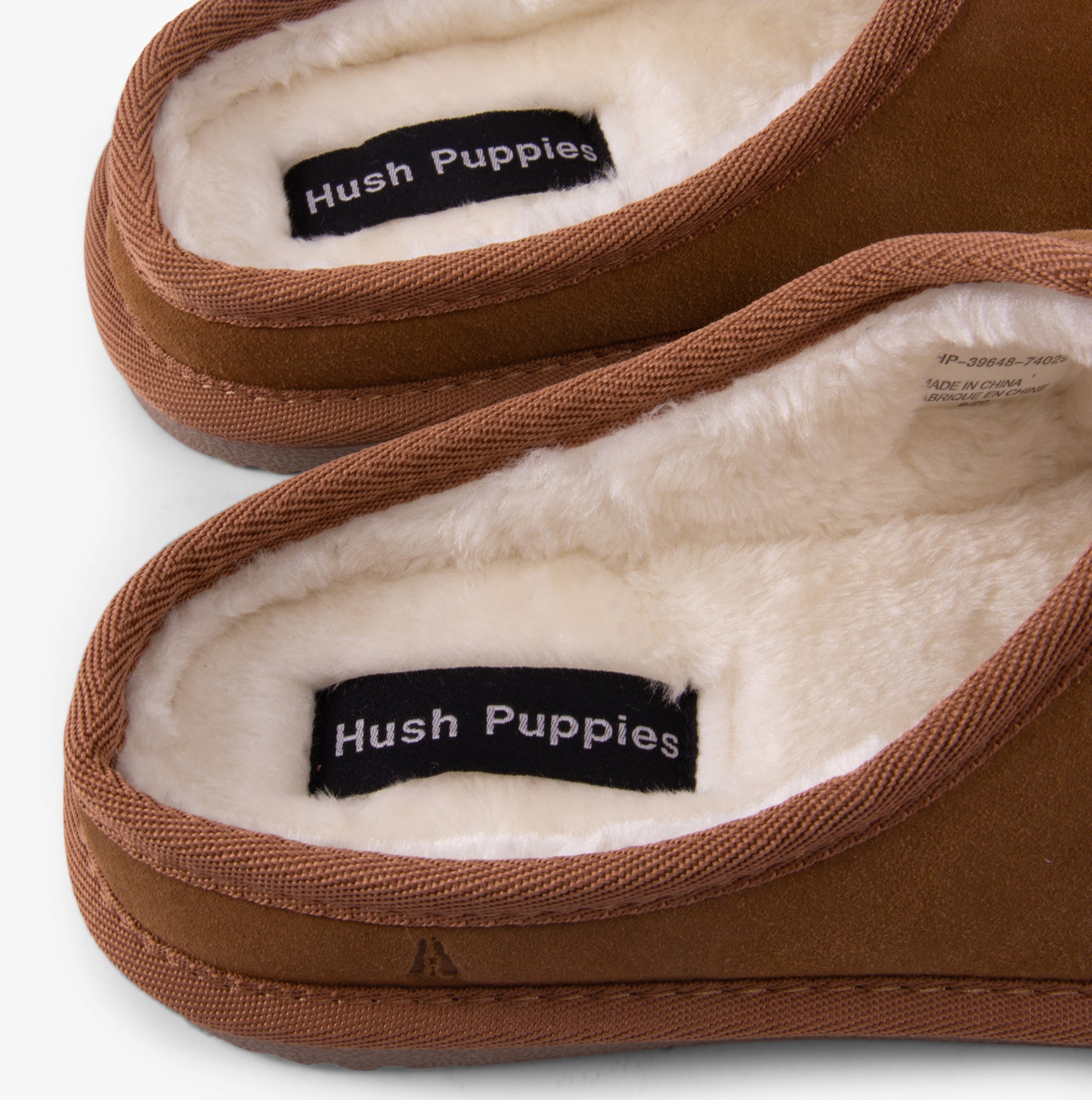 Hush Puppies CONRAD Mens Slippers Tan detail view showing faux fur lining and suede upper.