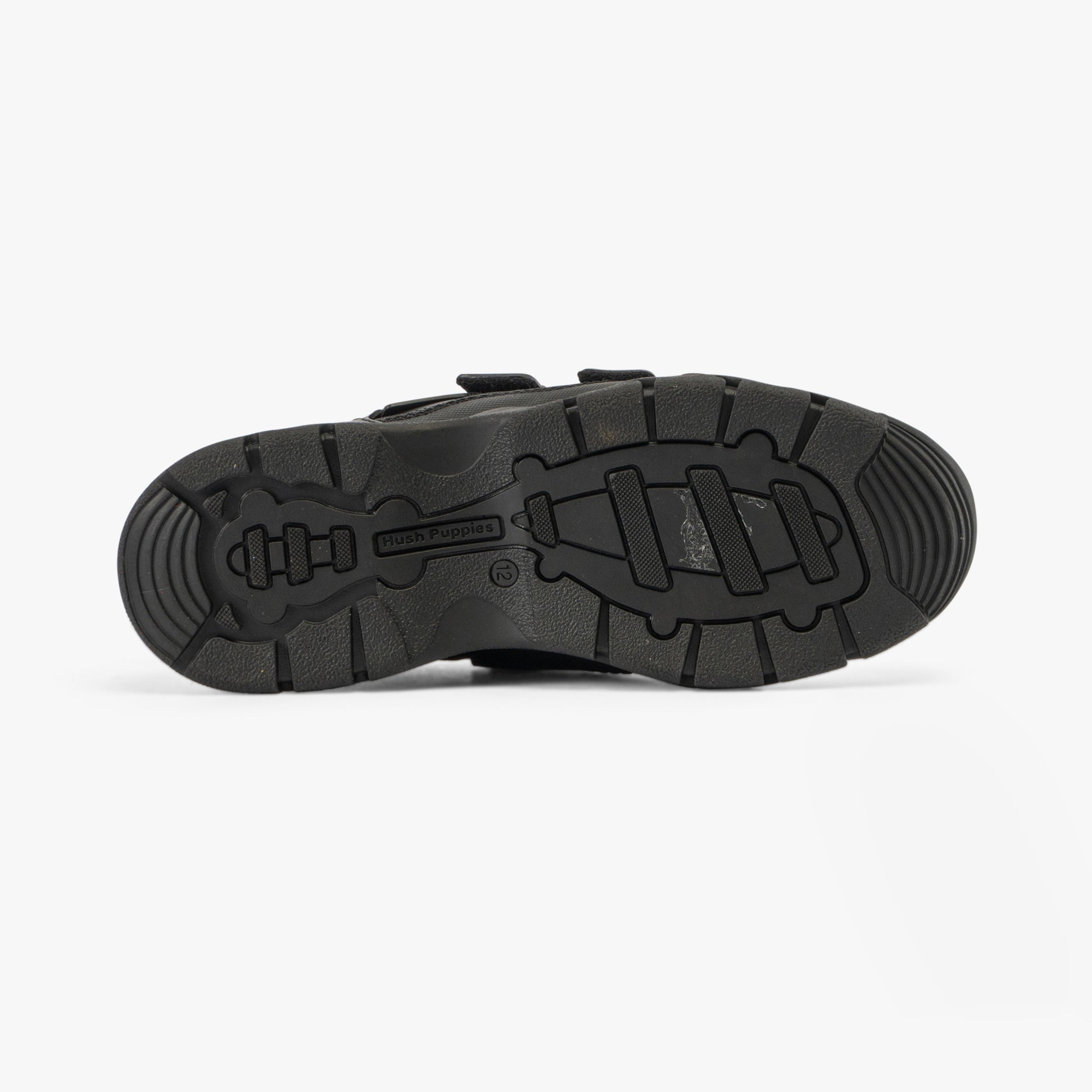 Hush Puppies TROY Boys School Shoes Black bottom view featuring durable TPR sole material.