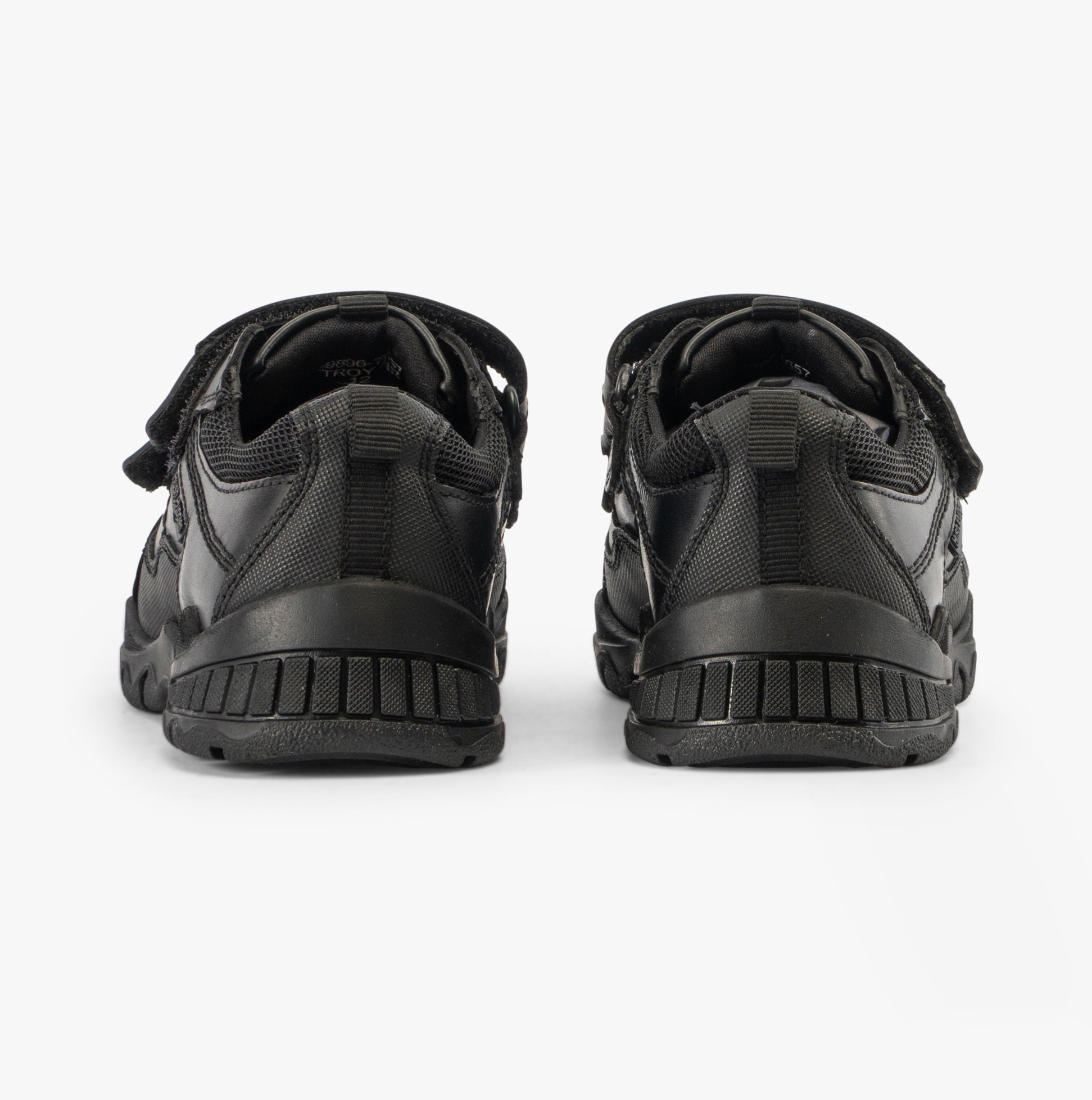 Hush Puppies TROY Boys School Shoes Black back view showing touch fasten design and low top style.