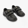 Hush Puppies TROY Boys School Shoes Black front view showing leather upper, touch fasten straps and round toe design.