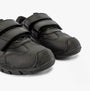 Hush Puppies TROY Boys School Shoes Black side view showcasing touch fasten straps and rounded toe design.